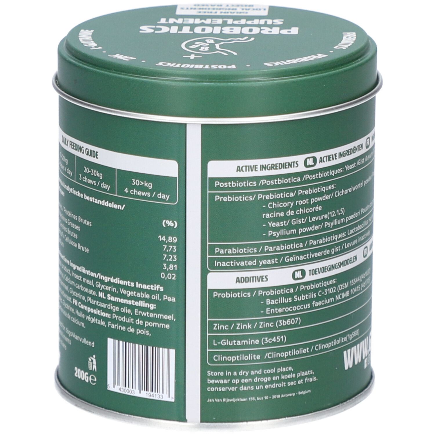 Grüne Dose mit Inhaltsstoffen und Fütterungsempfehlung. Enthält 200g. Hergestellt in Belgien.