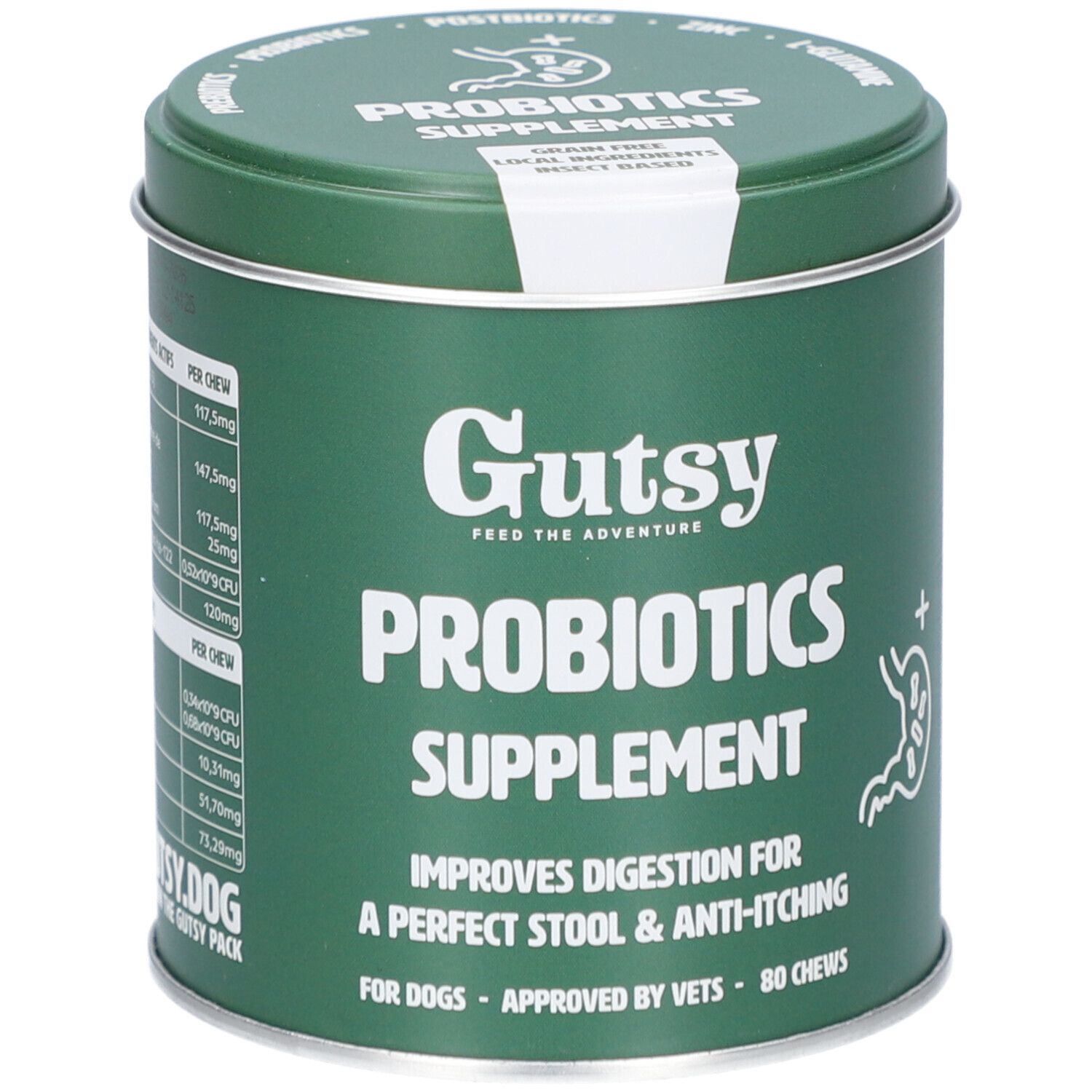 Grüne Dose mit "Gutsy Probiotics Supplement". Enthält 80 Kausnacks. Verbessert die Verdauung bei Hunden.