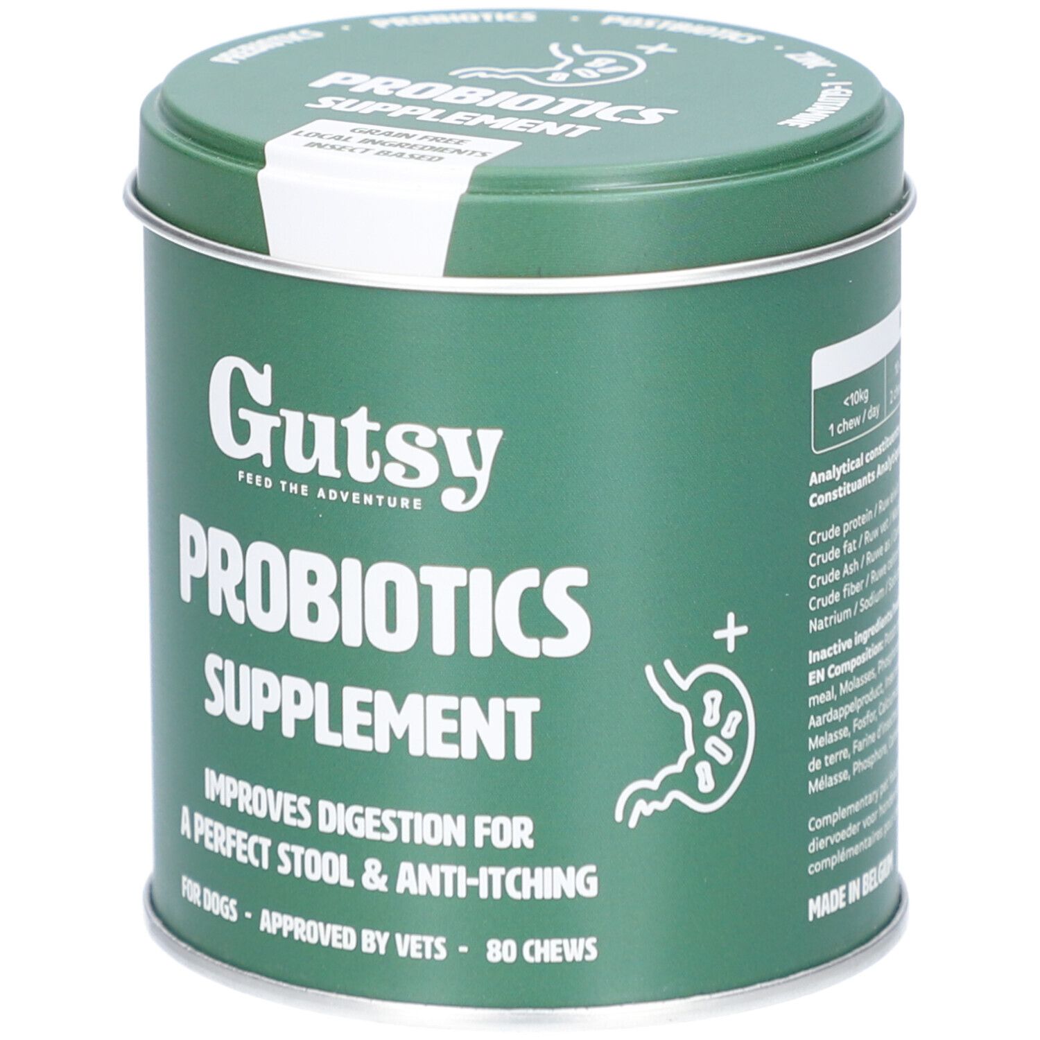 Grüne Dose mit "Gutsy Probiotics Supplement". Enthält 80 Kausnacks. Verbessert die Verdauung bei Hunden.
