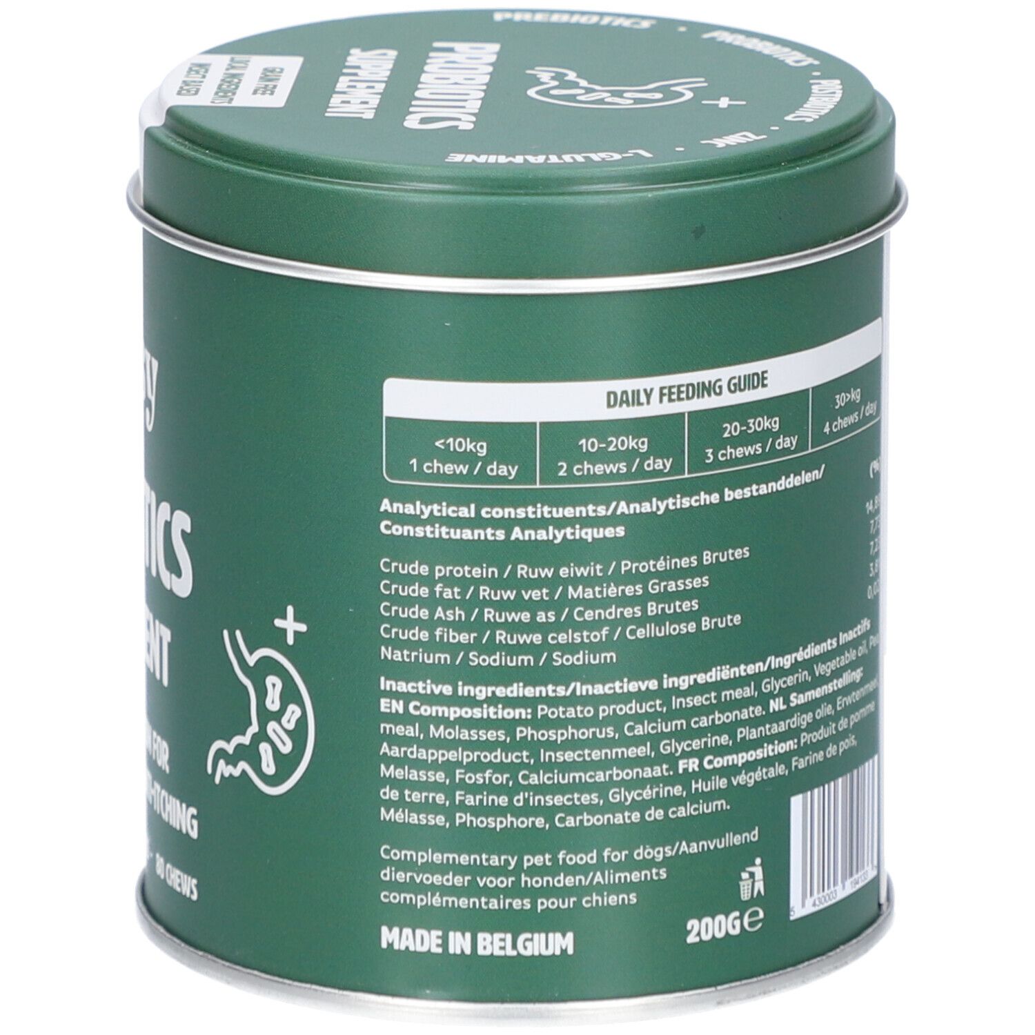 Grüne Dose mit Inhaltsstoffen und Fütterungsempfehlung. Enthält 200g. Hergestellt in Belgien.