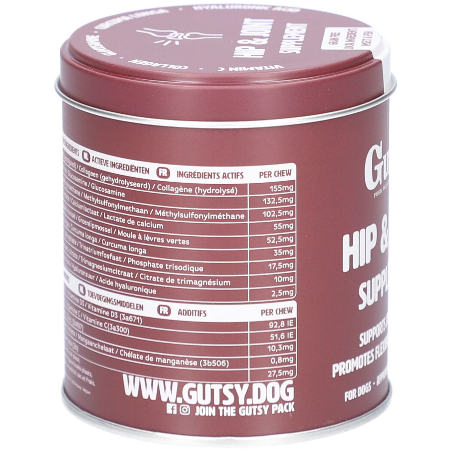 Braune Dose mit Inhaltsstoffen und Nährwertangaben. Enthält u.a. Kollagen, Glucosamin, MSM. Mit Website-Adresse und Social-Media-Logo.