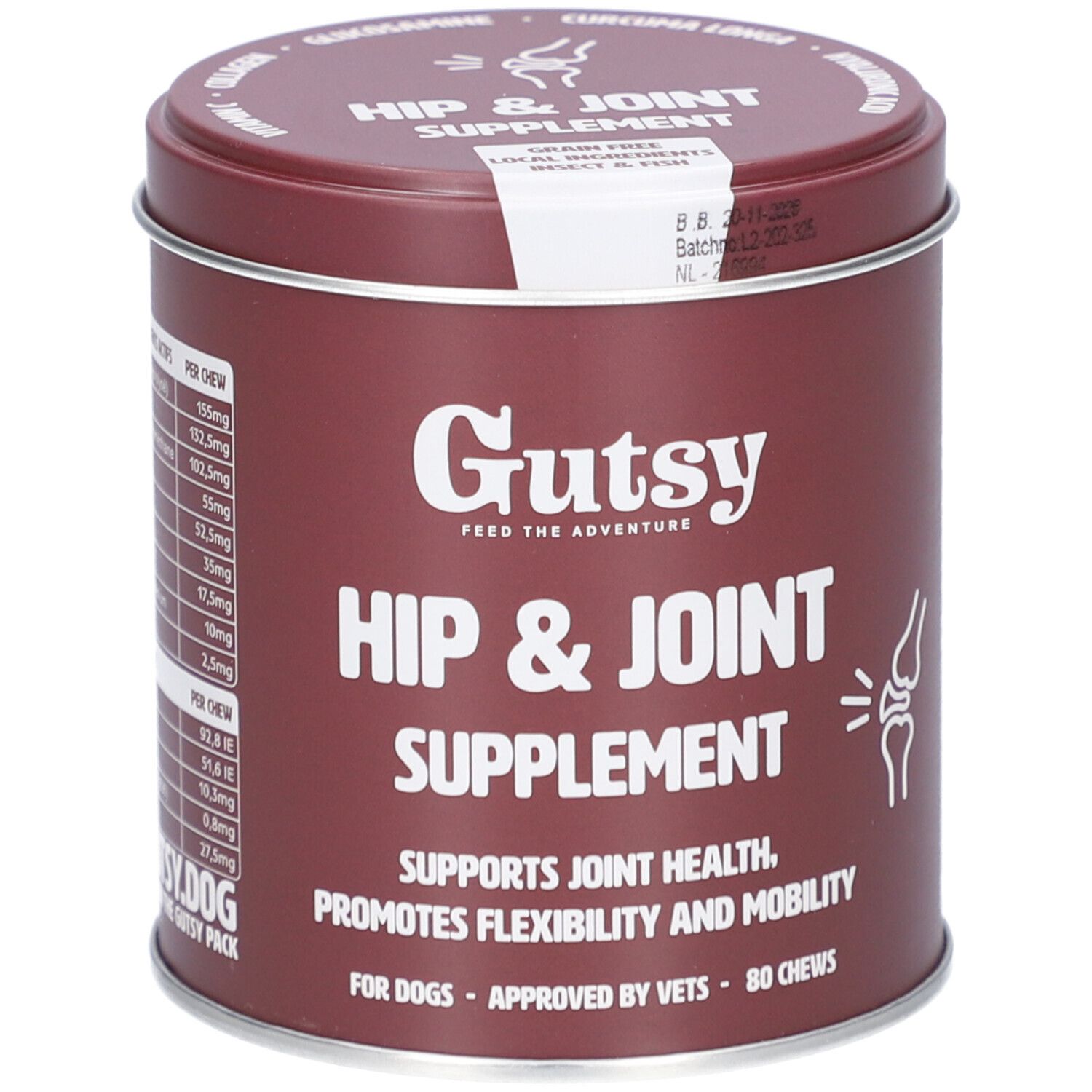 Braune Dose mit 'Gutsy Hip & Joint Supplement'. Enthält 80 Kausnacks. Unterstützt die Gelenkgesundheit und Mobilität.