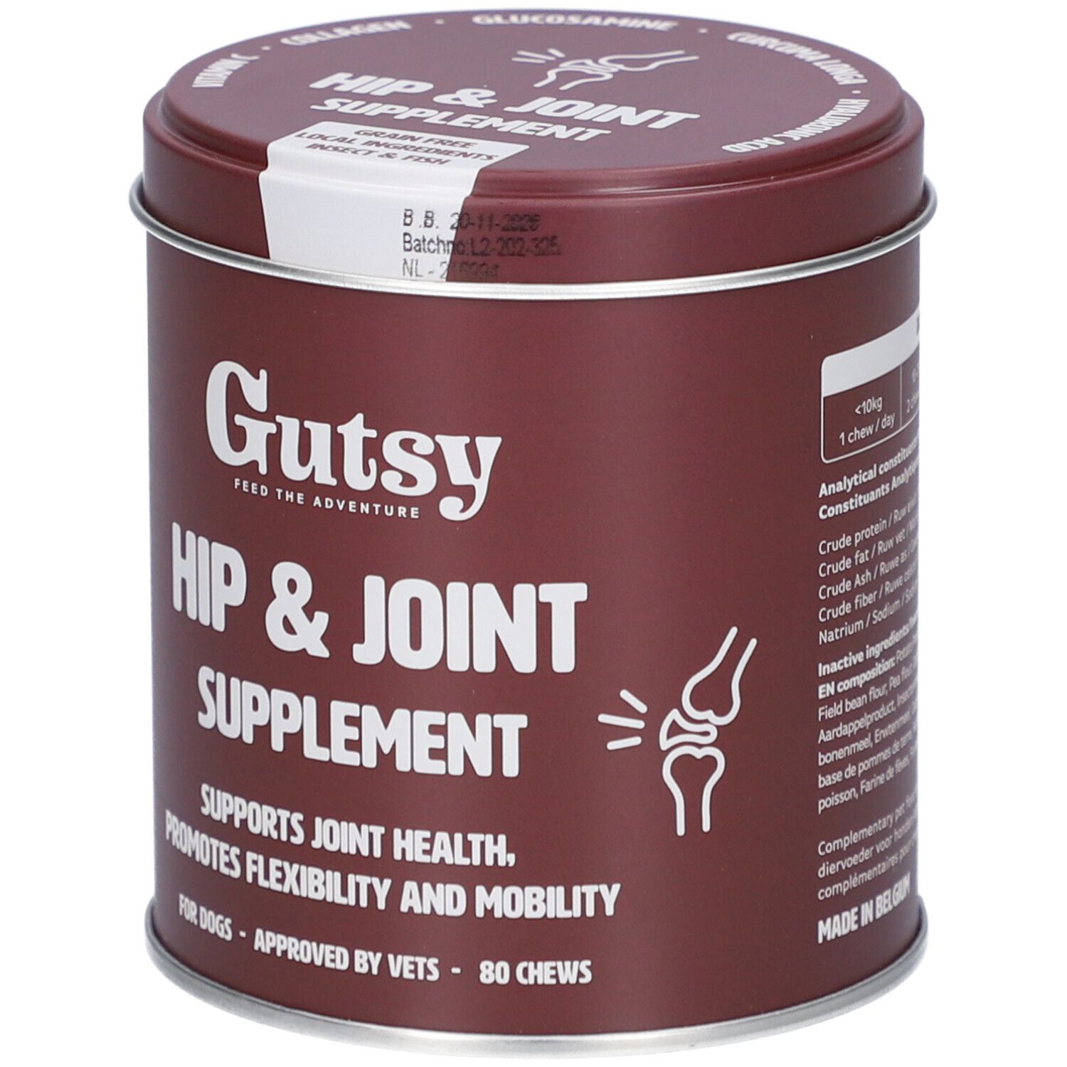 Braune Dose mit 'Gutsy Hip & Joint Supplement'. Enthält 80 Kausnacks. Unterstützt die Gelenkgesundheit und Mobilität.