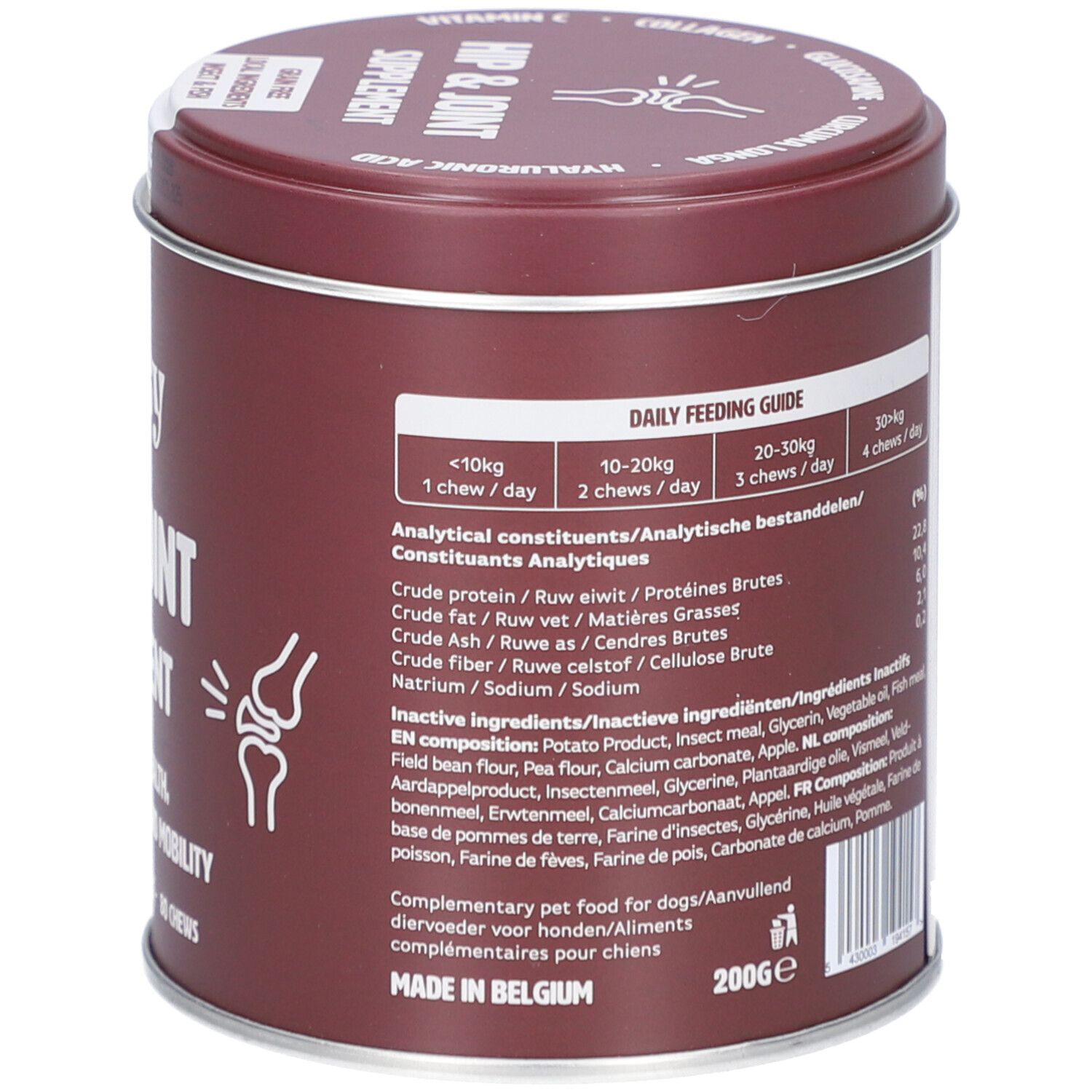 Braune Dose mit Inhaltsstoffen und Fütterungsempfehlung. Enthält u.a. Kollagen, Glucosamin, MSM. Mit 200g-Angabe.