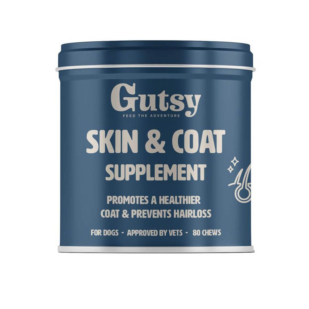 Boîte bleue "Gutsy Skin & Coat Supplement". Contient 80 friandises. Favorise une peau et un pelage sains.