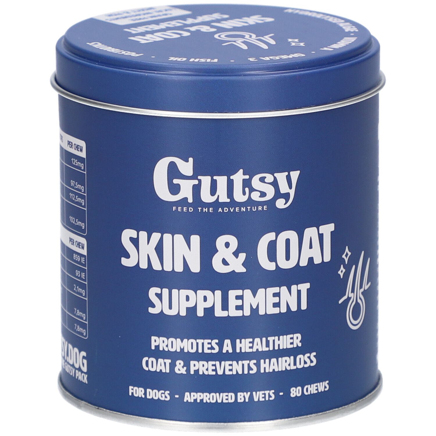 Boîte bleue "Gutsy Skin & Coat Supplement". Contient 80 friandises. Favorise une peau et un pelage sains.