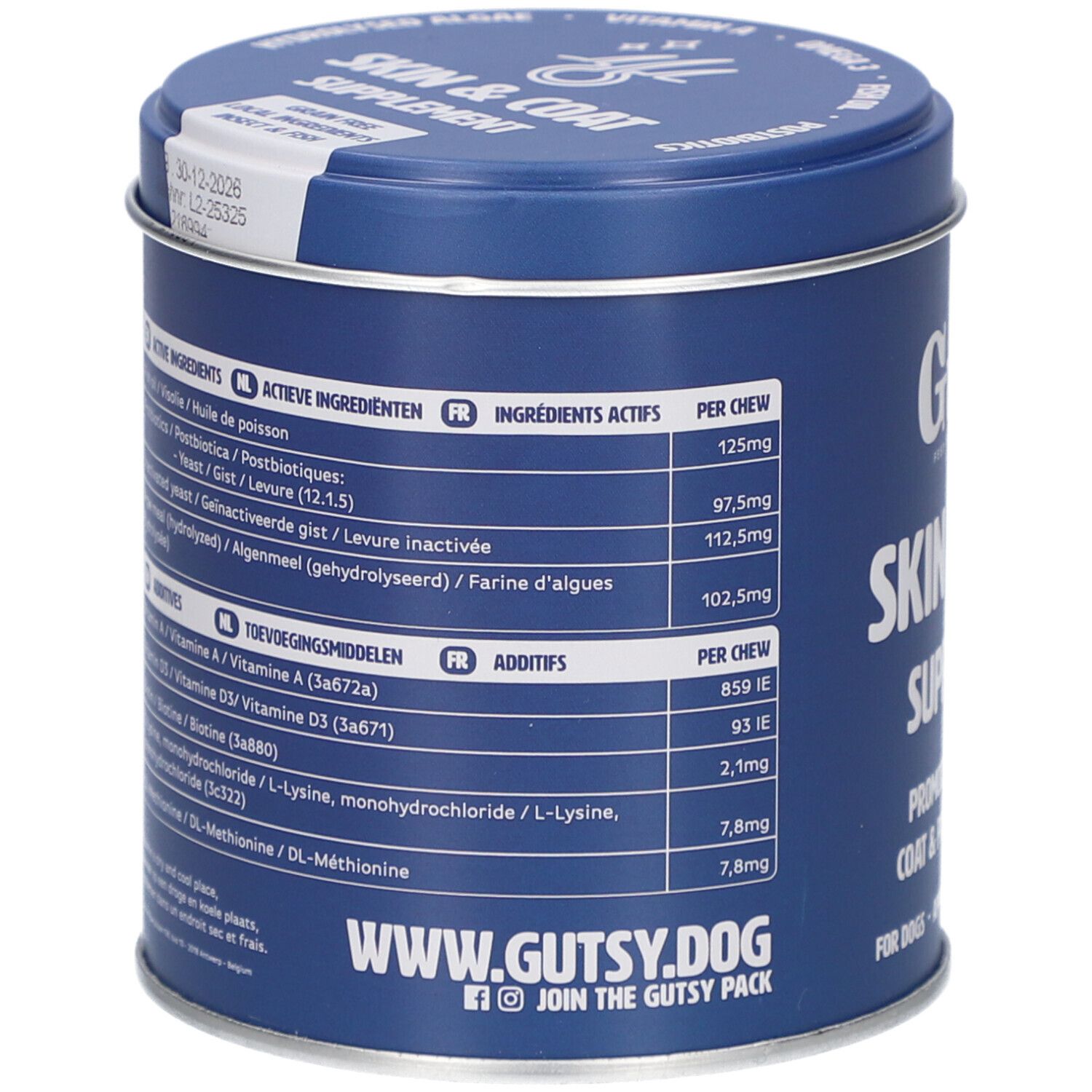 Dos de la boîte bleue. Contient ingrédients et informations nutritionnelles. Avec autocollant blanc.