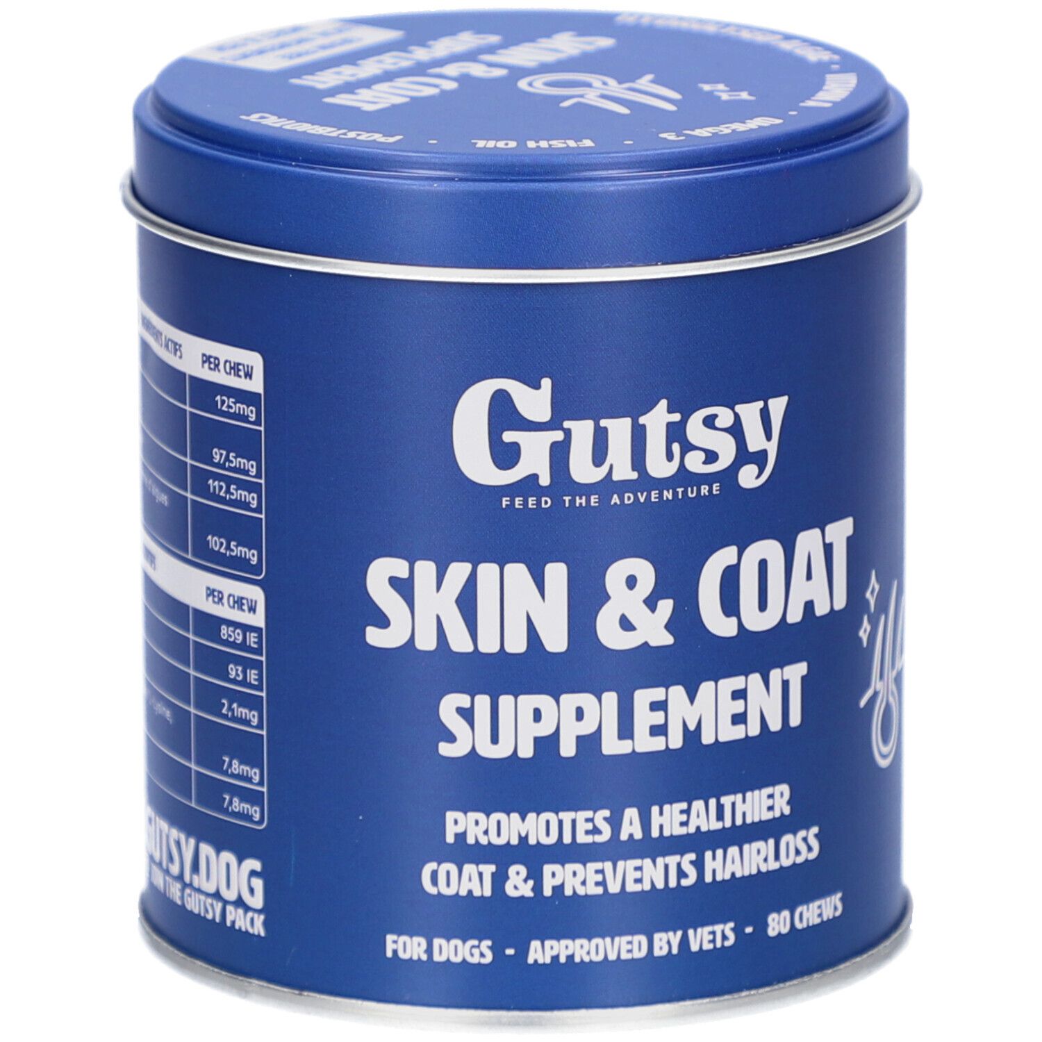 Boîte bleue "Gutsy Skin & Coat Supplement". Contient 80 friandises. Favorise une peau et un pelage sains.
