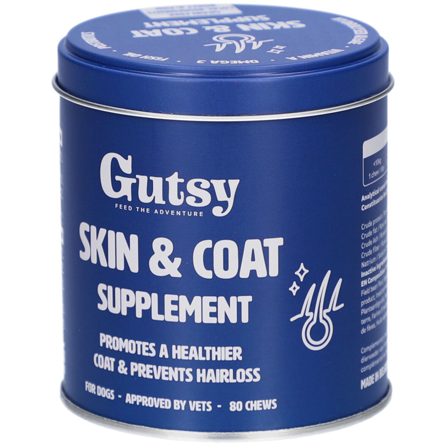 Boîte bleue "Gutsy Skin & Coat Supplement". Contient 80 friandises. Favorise une peau et un pelage sains.