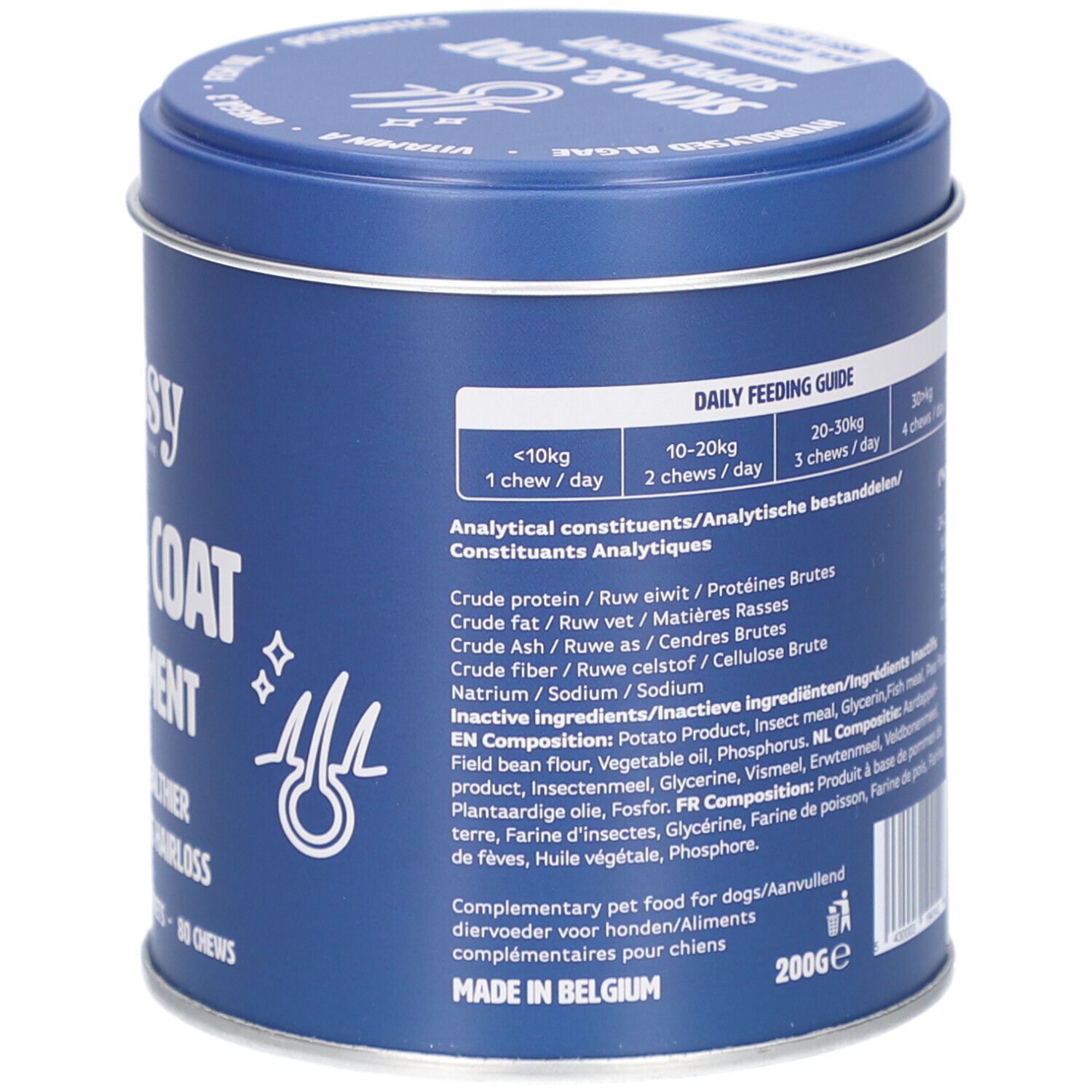 Dos de la boîte bleue. Contient ingrédients et recommandations d'alimentation. 200g. Fabriqué en Belgique.