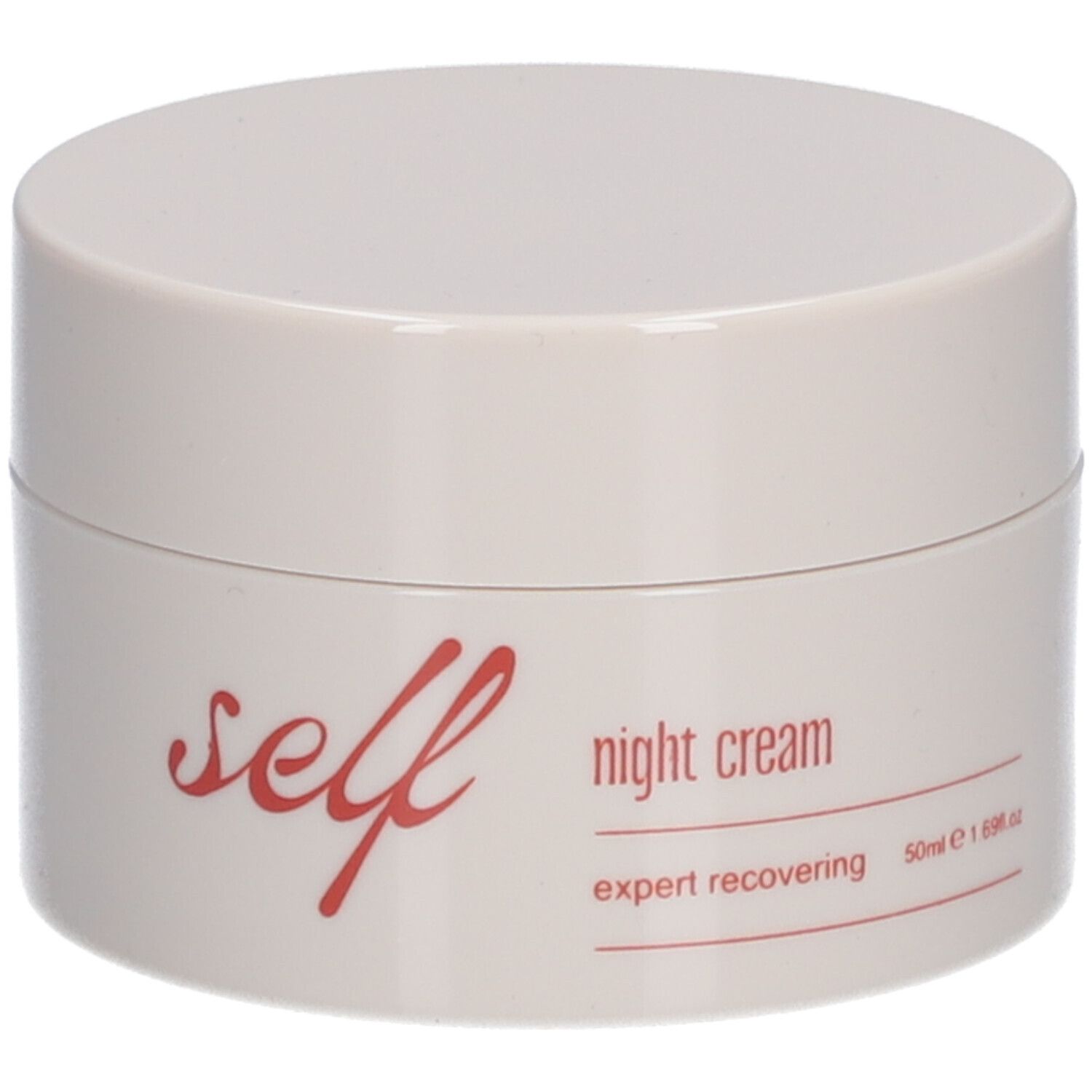 Cremebehälter, weiß. Aufschrift "self", "night cream", "expert recovering". Roter Schriftzug. 50ml/1.69 fl.oz.