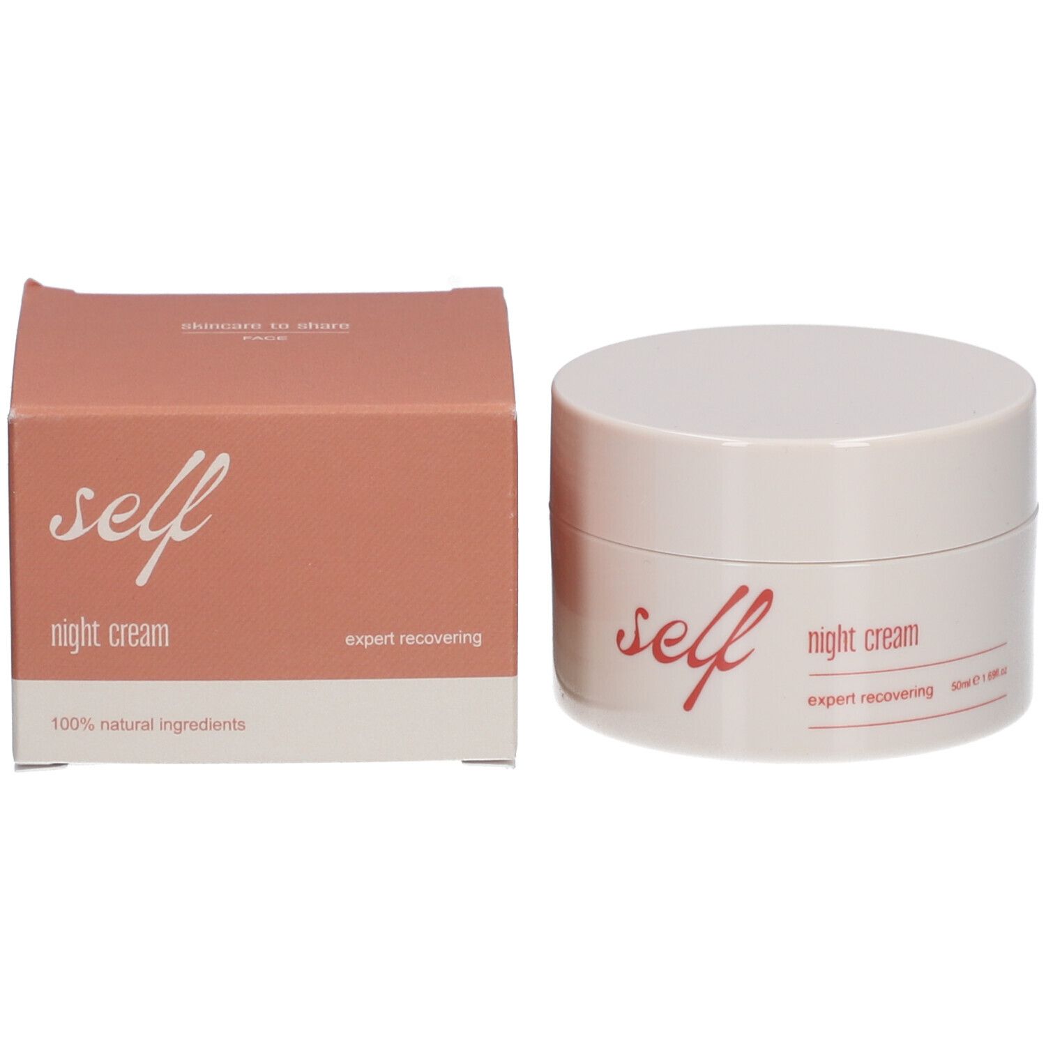 Cremebehälter und Verpackung. Aufschrift "self", "night cream", "expert recovering". Roter Schriftzug. 100% natürliche Inhaltsstoffe.