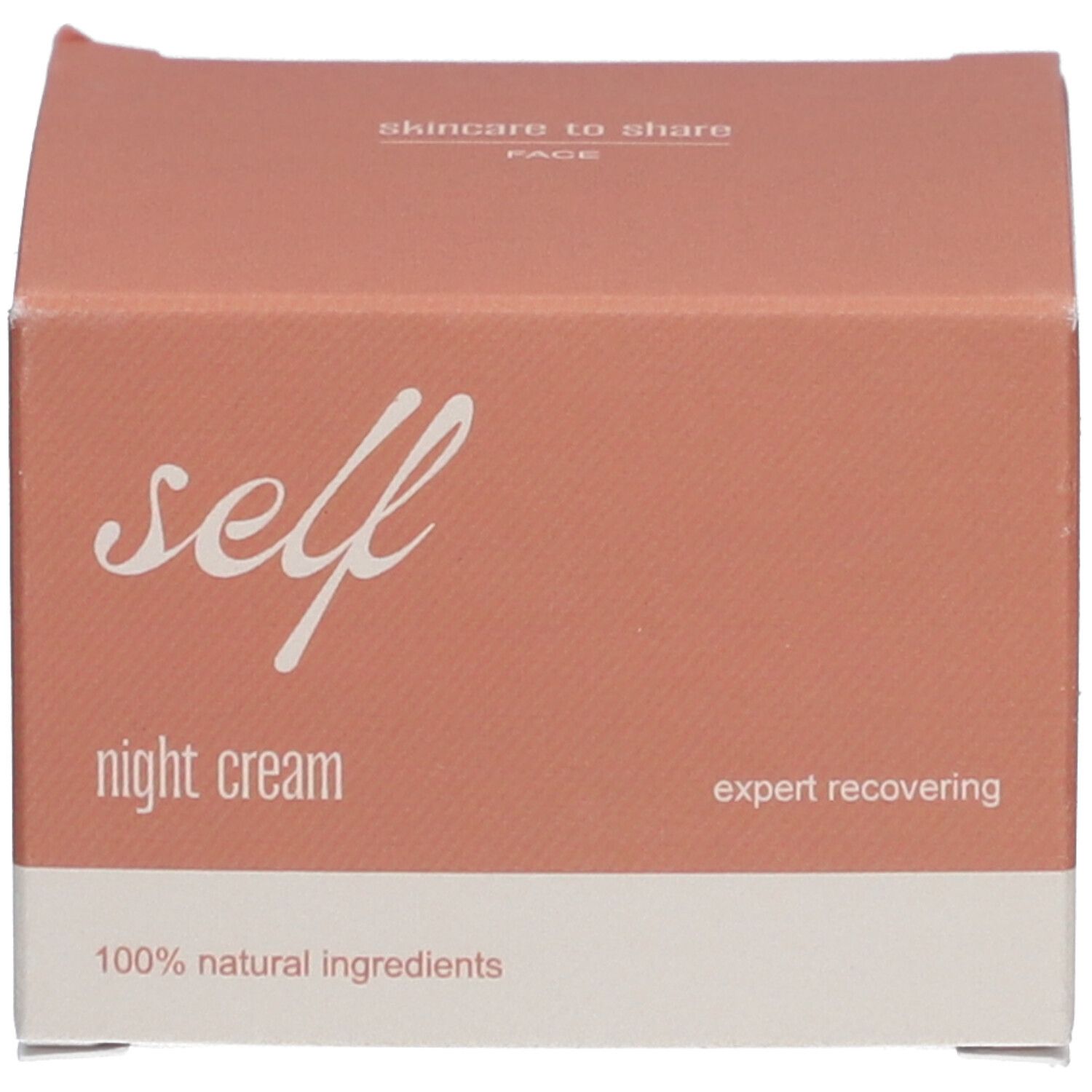 Verpackung. Aufschrift "self", "night cream", "expert recovering". Roter Schriftzug. 100% natürliche Inhaltsstoffe.