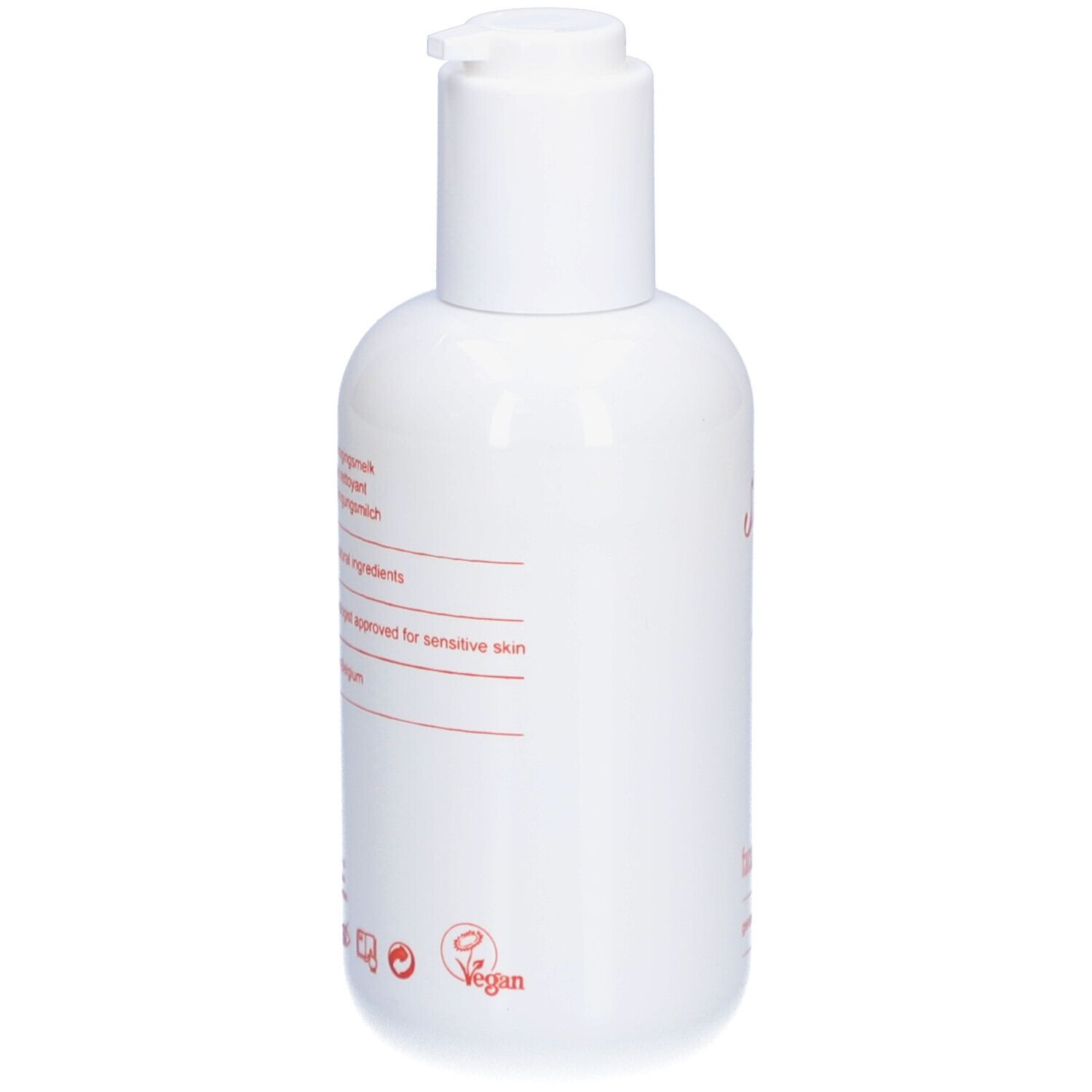 Weiße Flasche mit roter Schrift. Enthält Informationen über Inhaltsstoffe und dermatologische Verträglichkeit. Vegan-Logo.