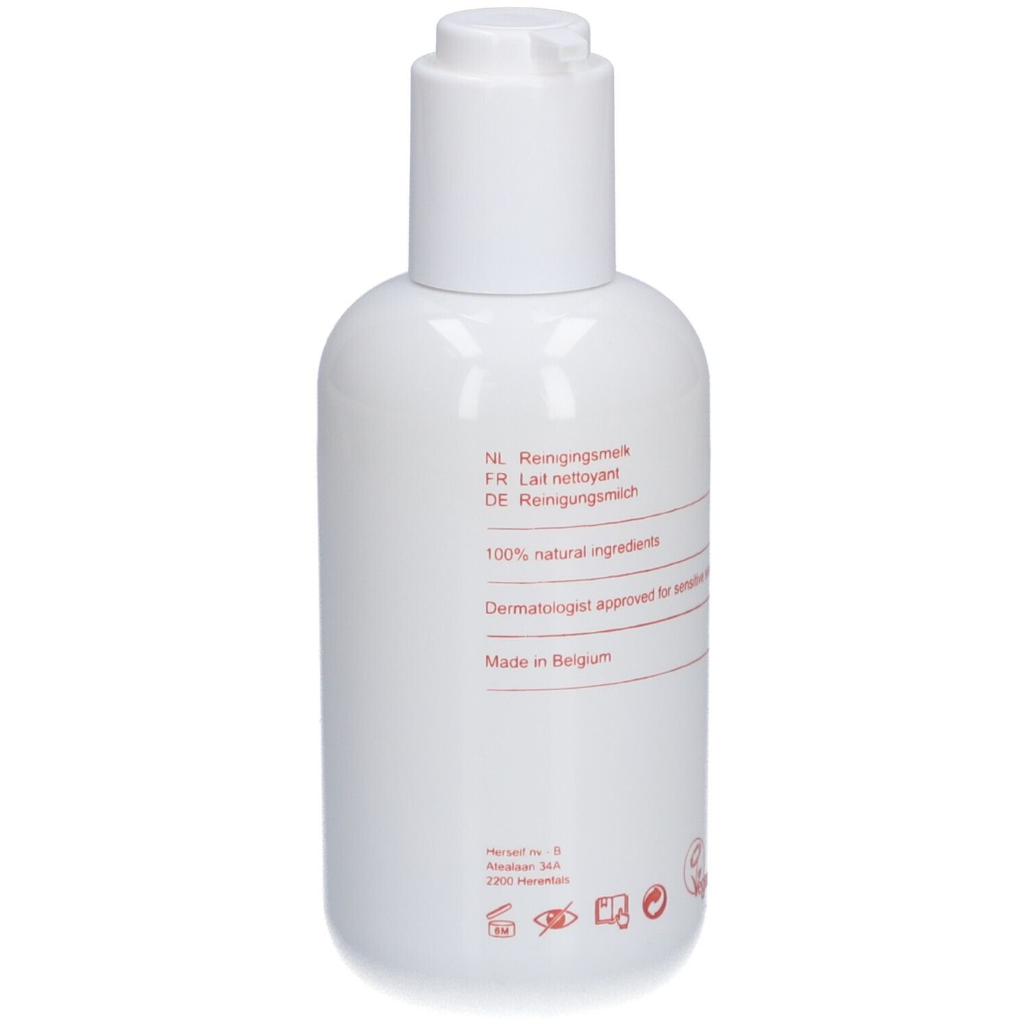 Weiße Flasche mit roter Schrift. Enthält Informationen über Inhaltsstoffe und Herkunft. Vegan-Logo.