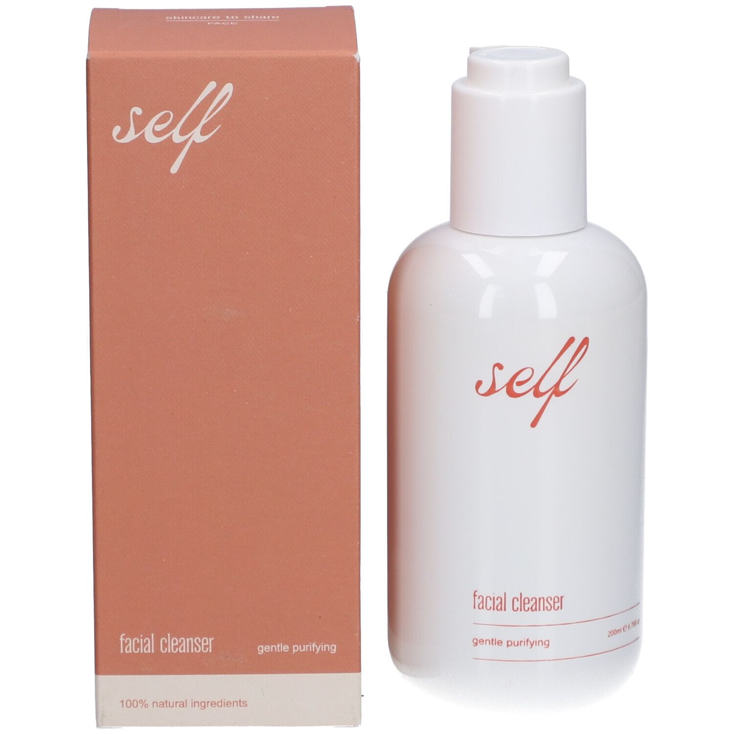Produktflasche und Verpackung. Rosa Verpackung mit weißem Schriftzug "self" und "facial cleanser". Aufschrift "gentle purifying".