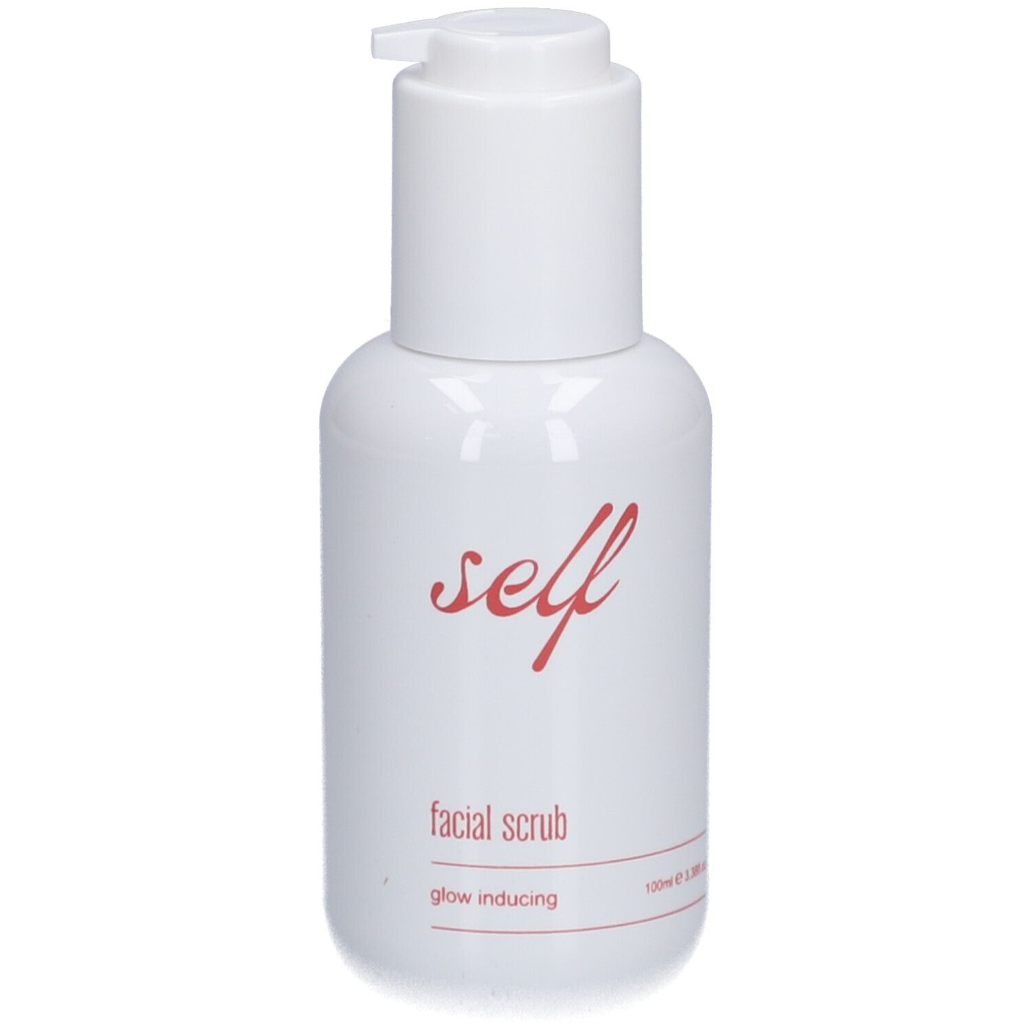 Weiße Flasche mit Pumpe. Aufschrift "self facial scrub glow inducing".