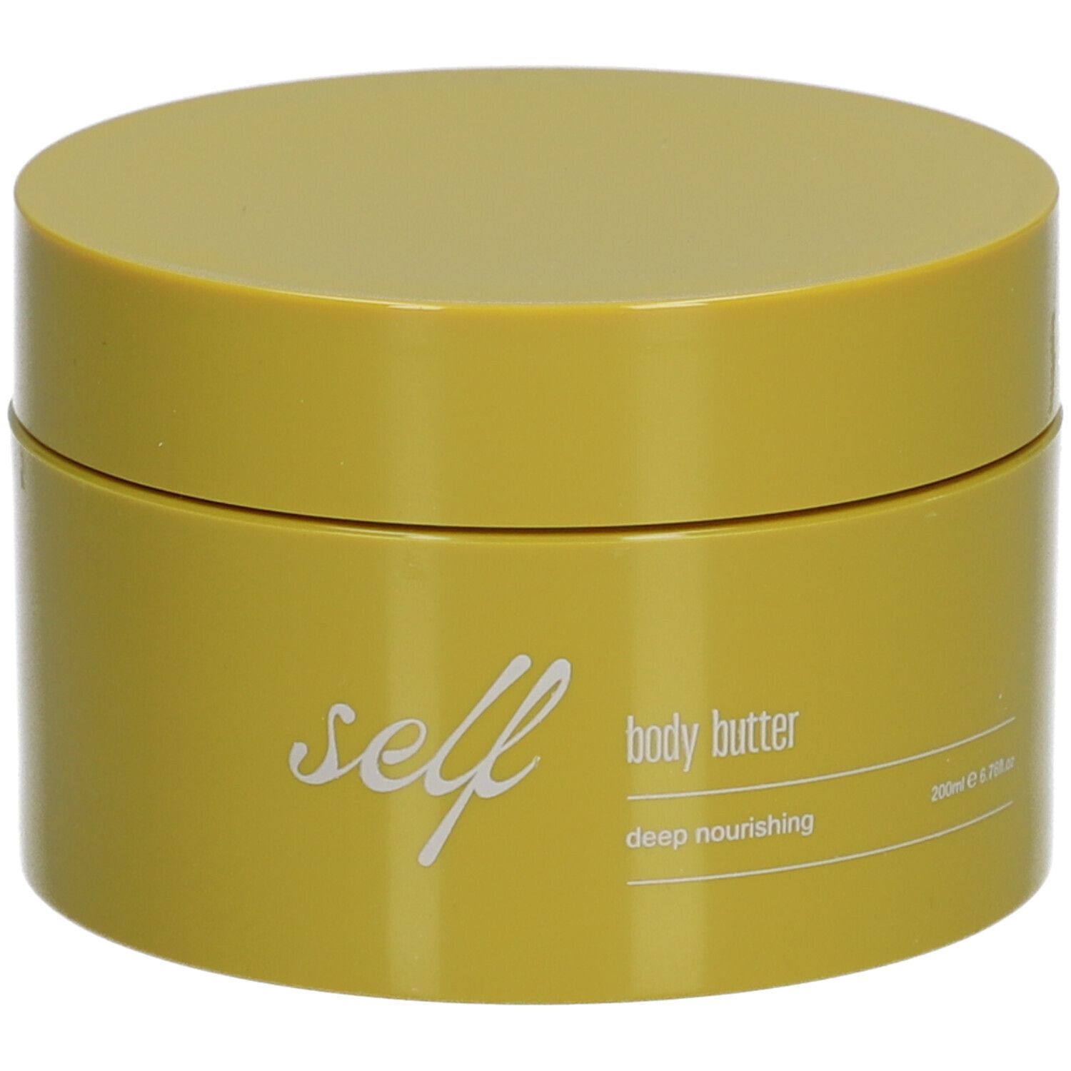 Gelbes Tiegel mit Deckel. Aufschrift: self, body butter, deep nourishing. Unten rechts: 200ml e 6.76 fl.oz.