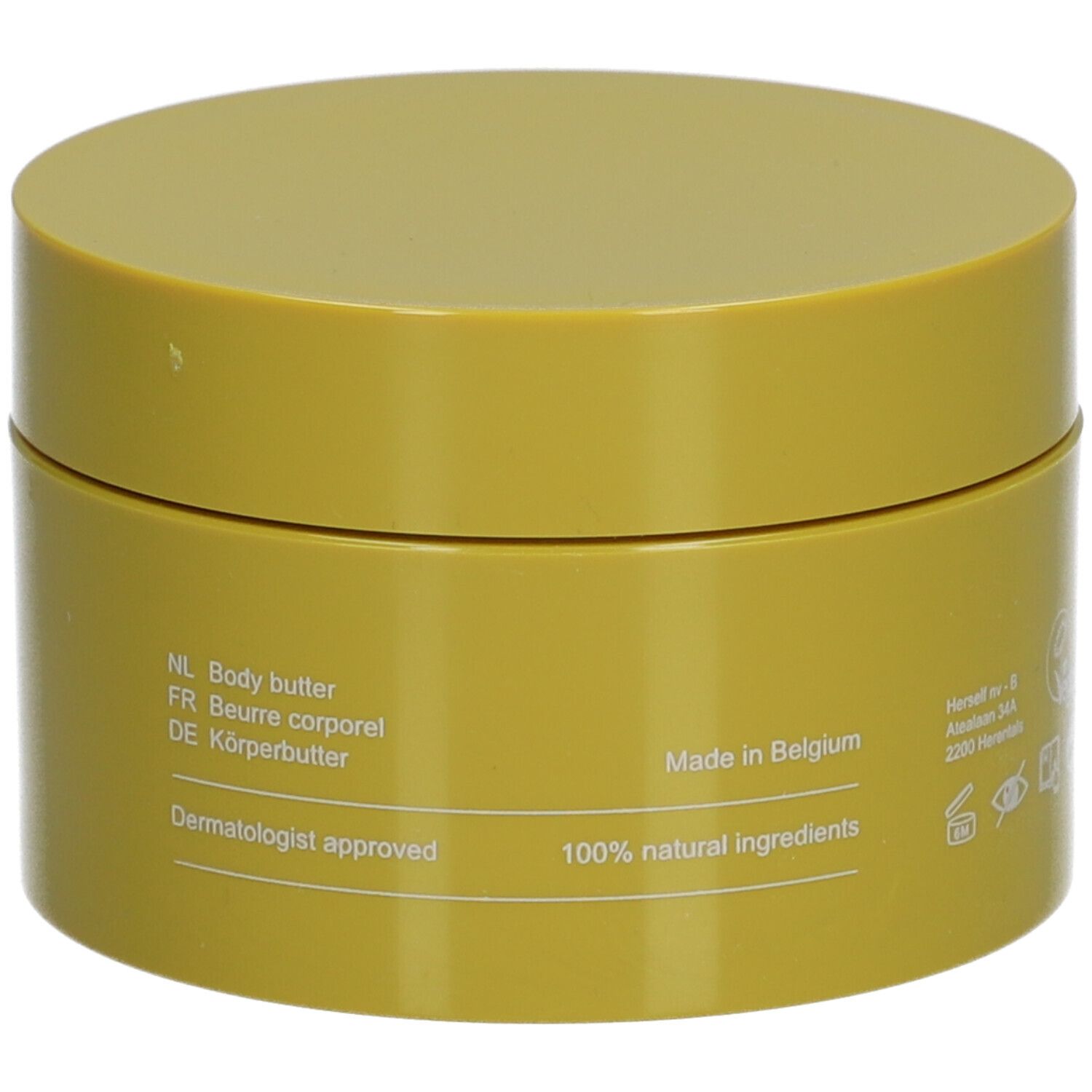 Gelber Tiegel mit Deckel. Aufschrift: NL Body butter, FR Beurre corporel, DE Körperbutter. Text: Dermatologisch getestet, 100% natürliche Inhaltsstoffe.