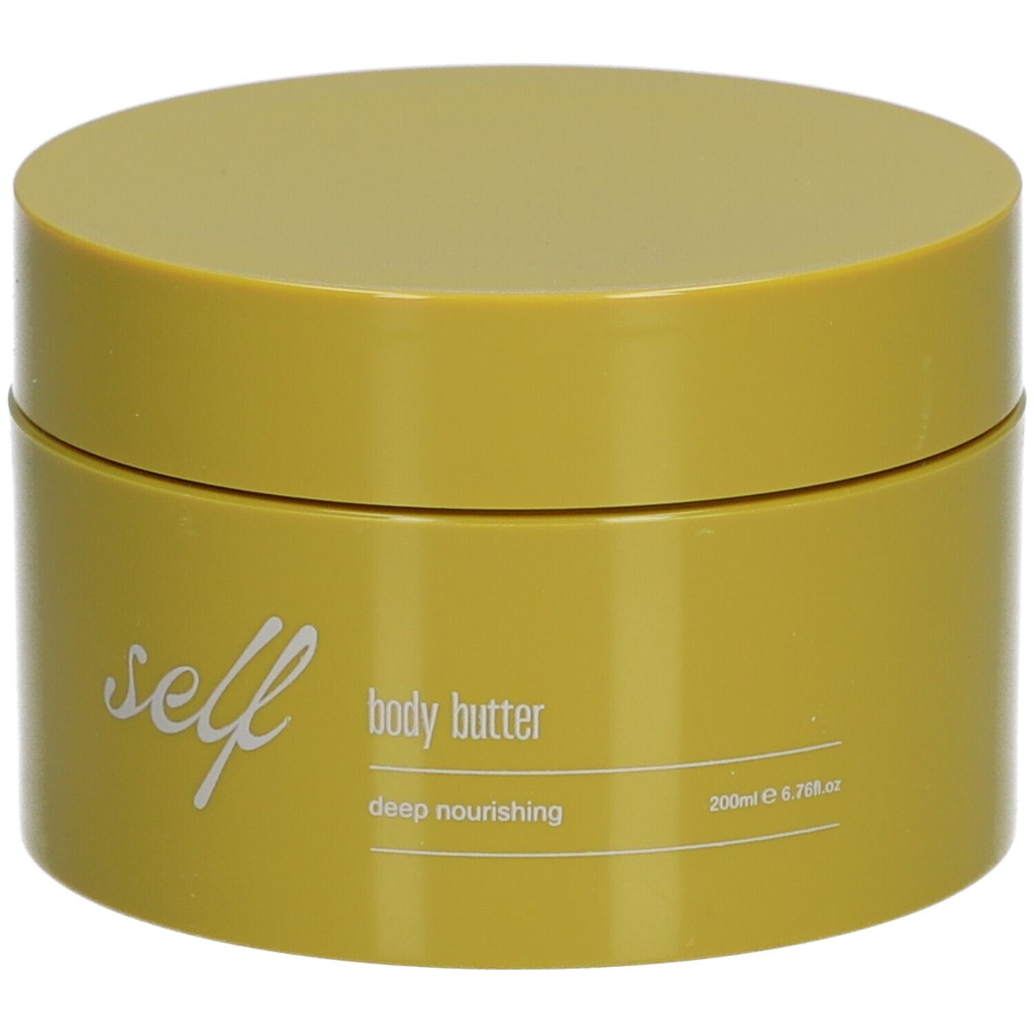Gelber Tiegel mit Deckel. Aufschrift: self, body butter, deep nourishing. Unten rechts: 200ml e 6.76 fl.oz.