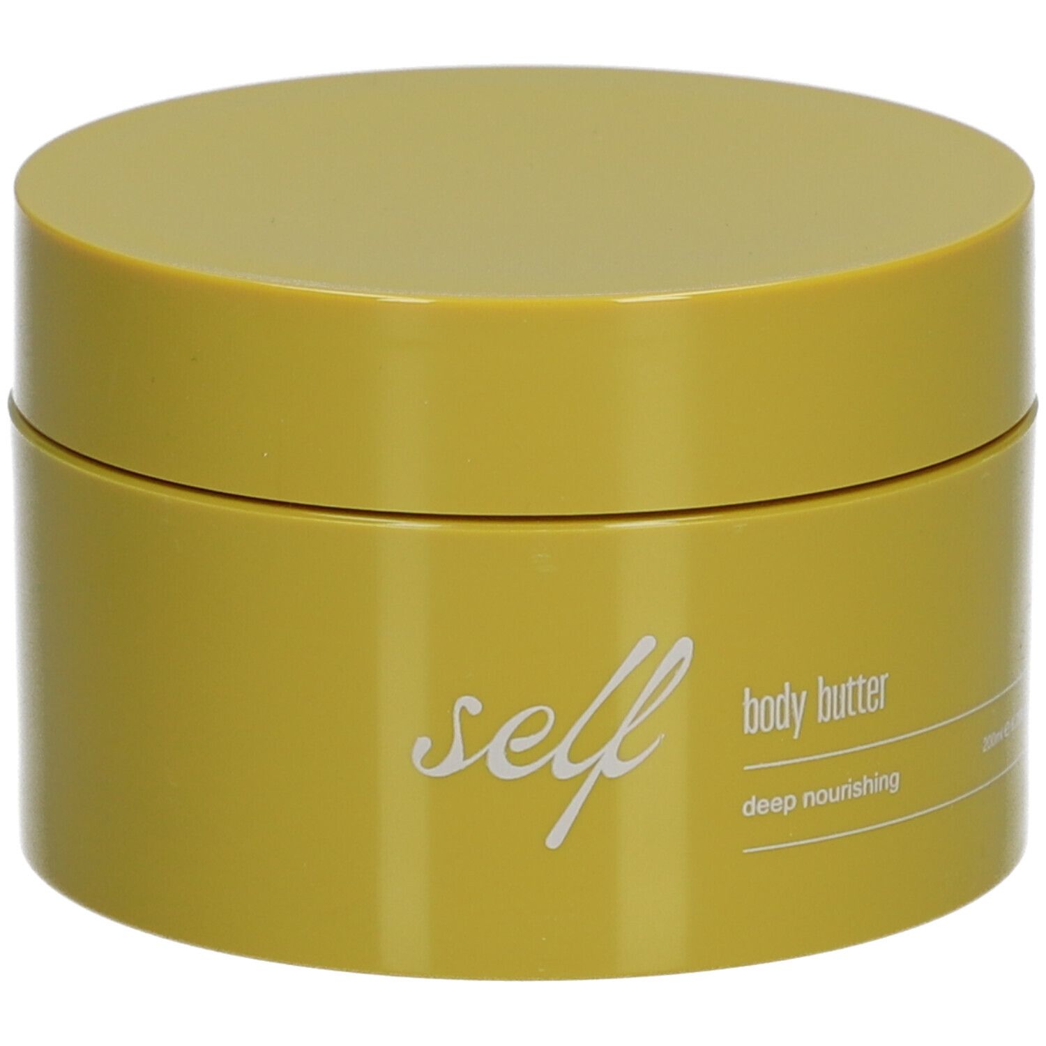 Gelber Tiegel mit Deckel. Aufschrift: self, body butter, deep nourishing. Unten rechts: 200ml e 6.76 fl.oz.