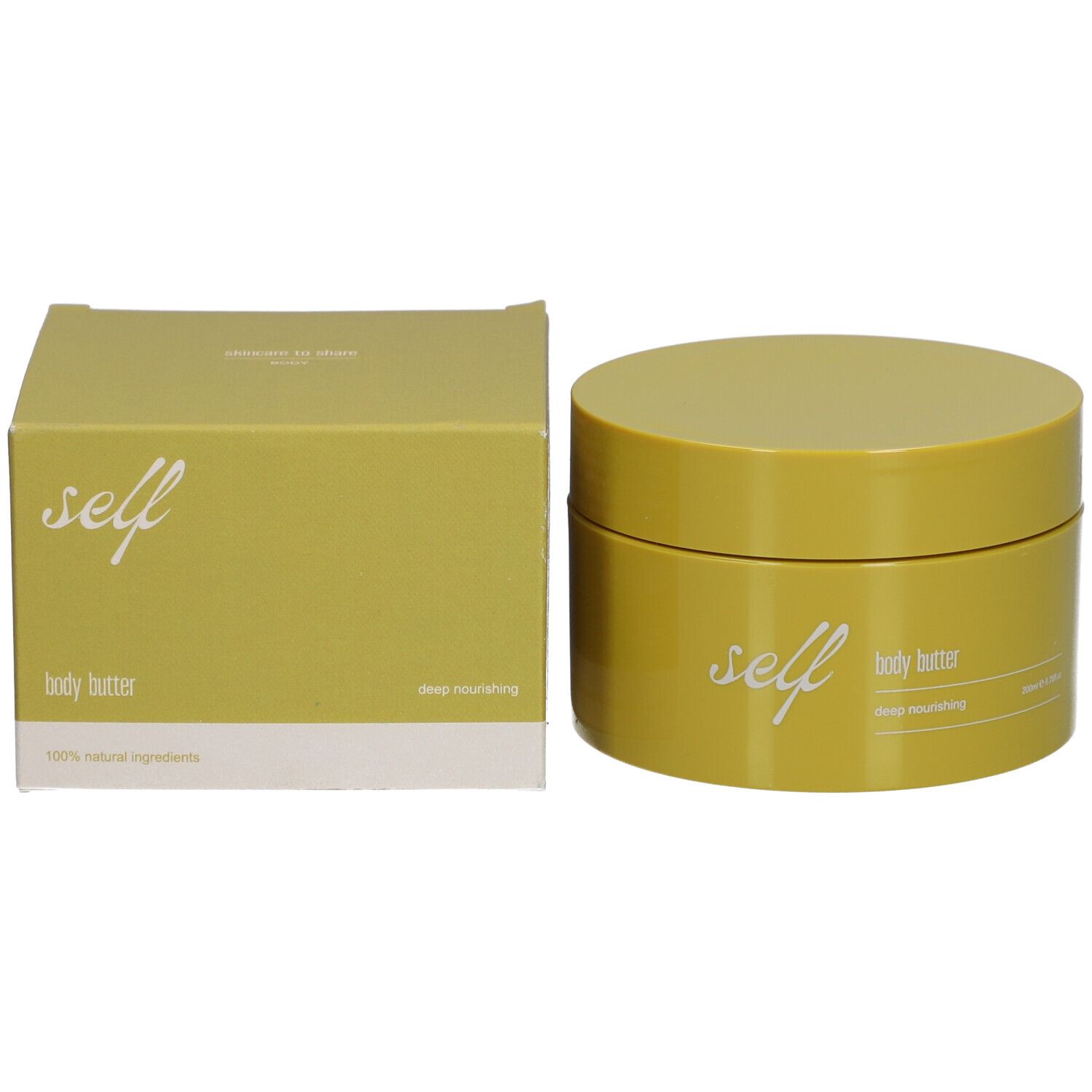 Gelber Tiegel und Karton. Aufschrift: self, body butter, deep nourishing, 100% natürliche Inhaltsstoffe. Karton: skincare to share.