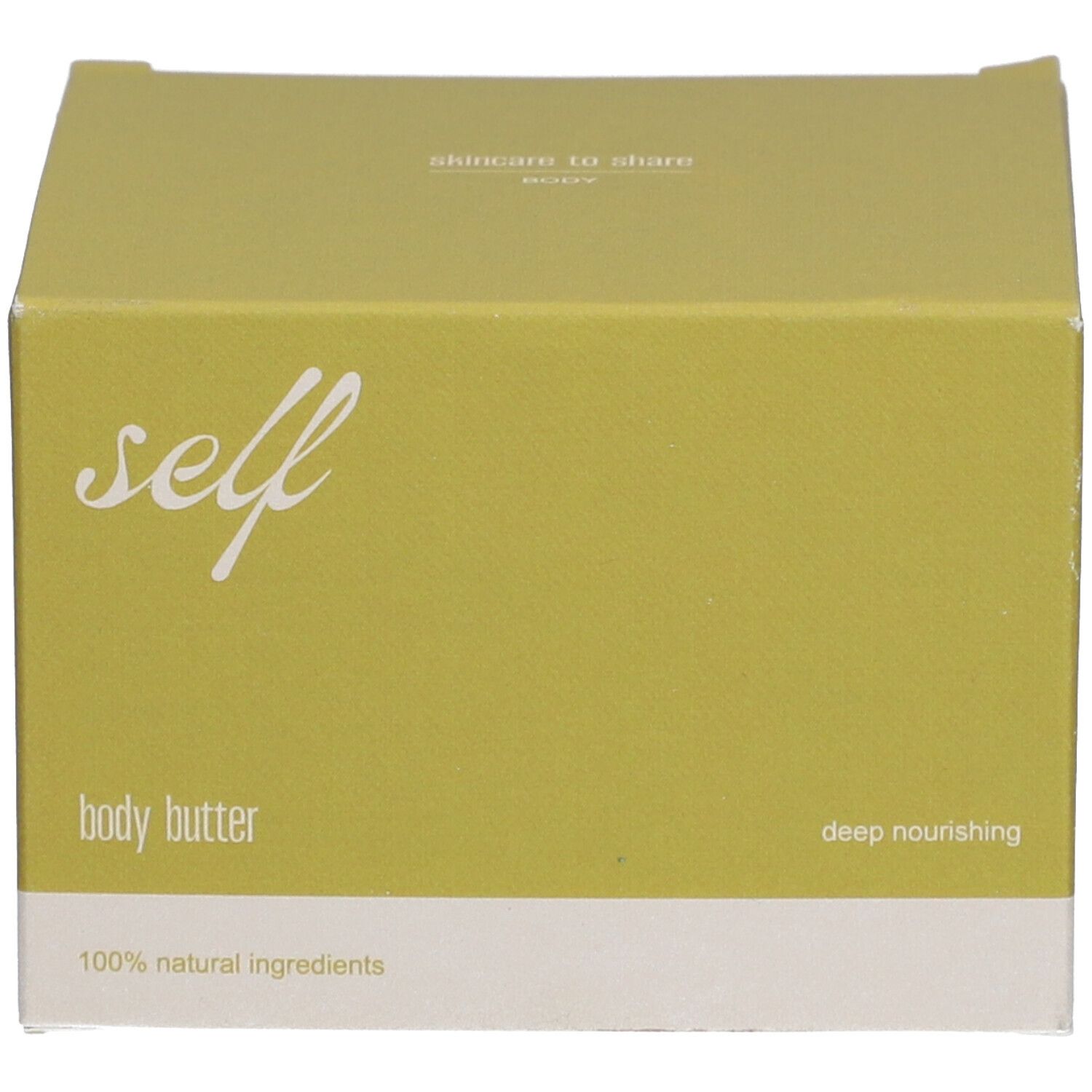 Karton. Aufschrift: self, body butter, deep nourishing, 100% natürliche Inhaltsstoffe. Text: skincare to share.