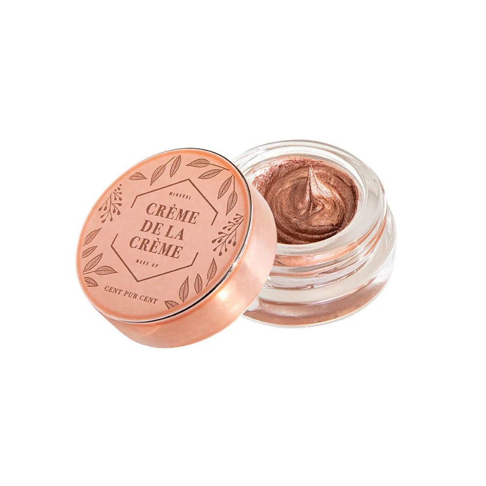 Pot en verre avec couvercle. Texte : Crème de la Crème, Make Up, Cent Pur Cent. Produit visible.