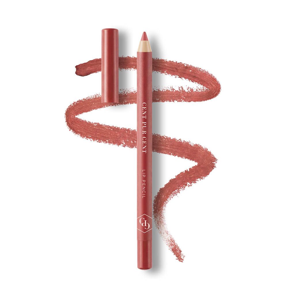 Crayon à lèvres nude avec capuchon ouvert. Inscription: CENT PUR CENT LIP PENCIL. Logo: GPD. Trait.