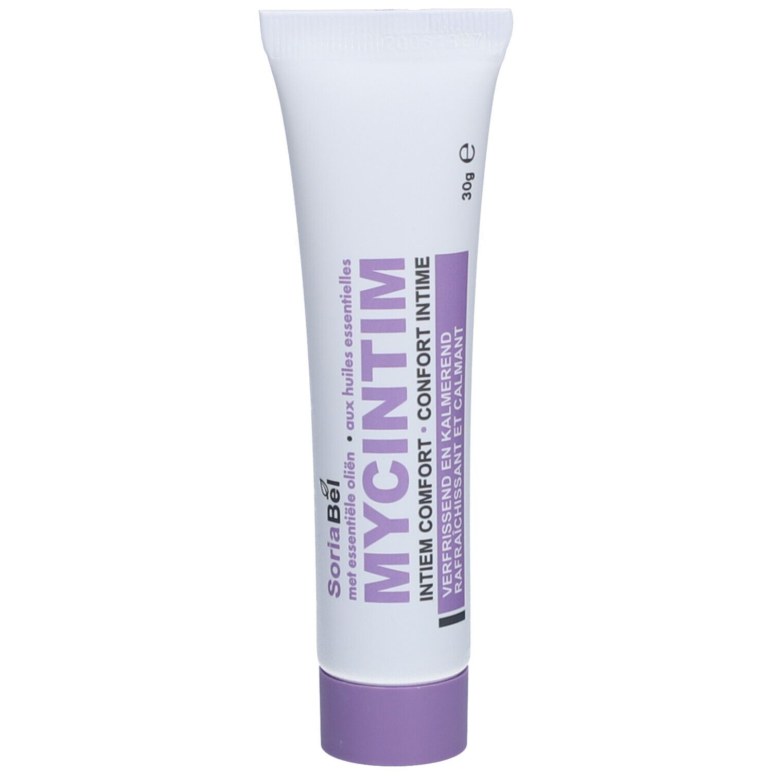 Tube mit Creme. Weiß, lila Kappe. Aufschrift: MYCINTIM, Intim Comfort. 30g.