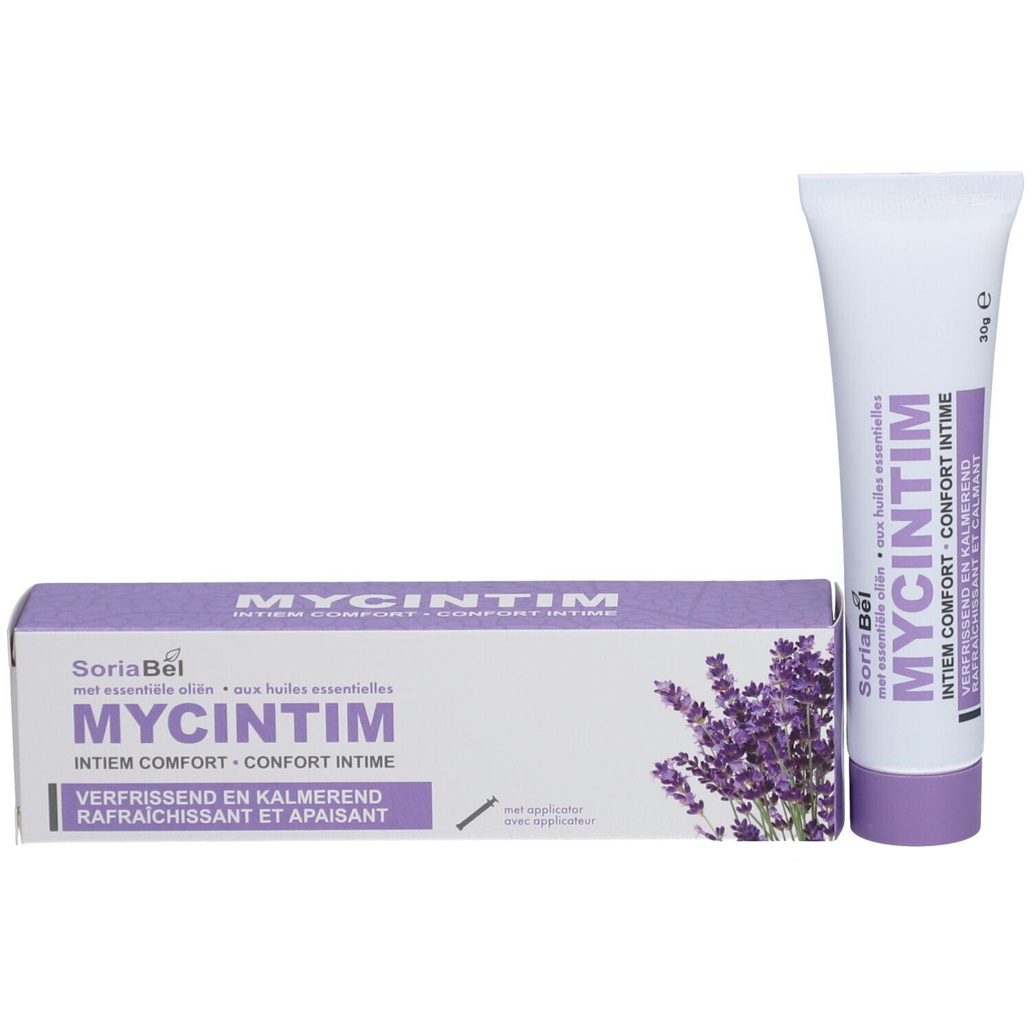 Produktverpackung und Tube. Verpackung: weiß-lila, Aufschrift MYCINTIM. Tube: weiß, lila Kappe.