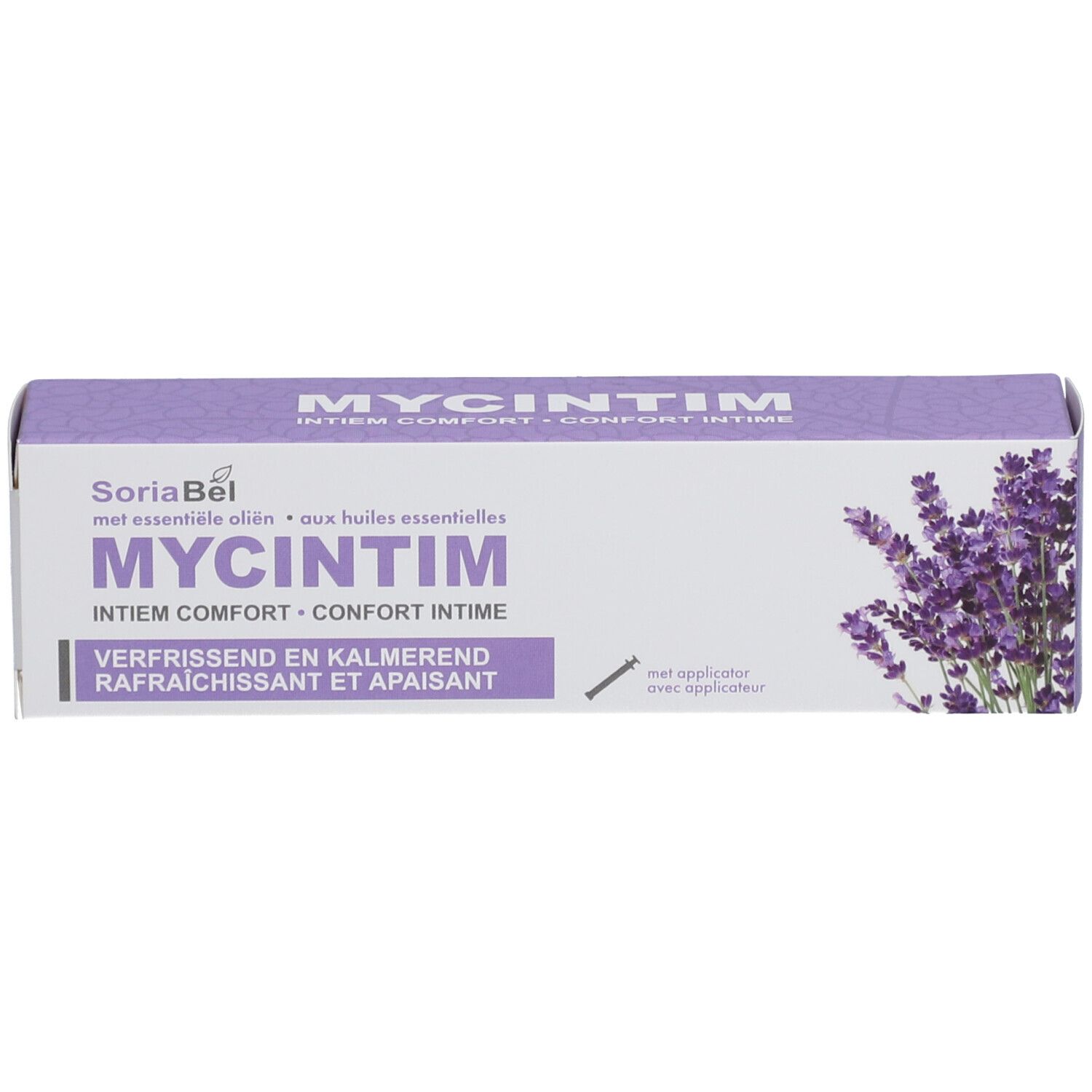 Verpackung. Weiß-lila, Aufschrift MYCINTIM. Lavendel-Illustration. Mit Applikator.