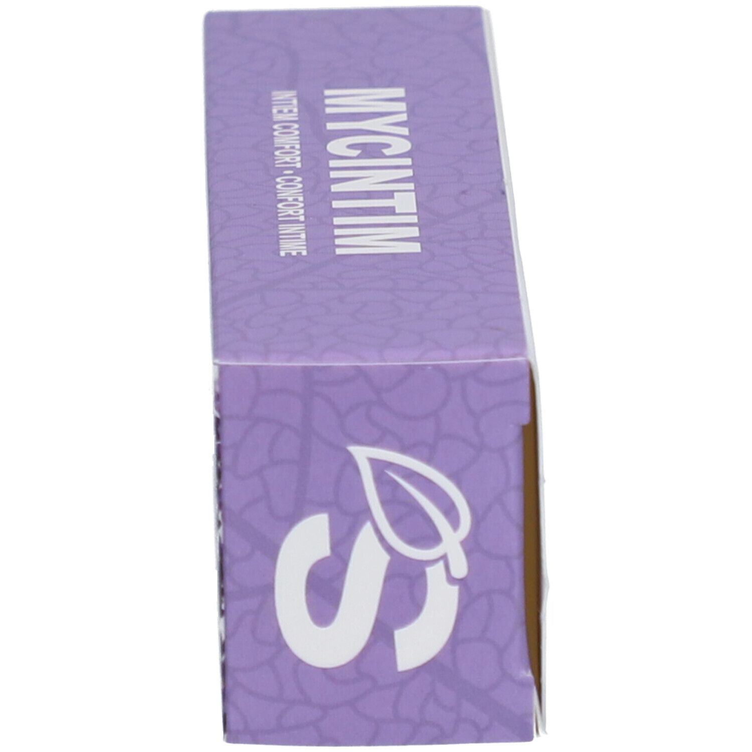 Verpackung, Seitenansicht. Weiß-lila, Aufschrift MYCINTIM. Logo mit Blatt.