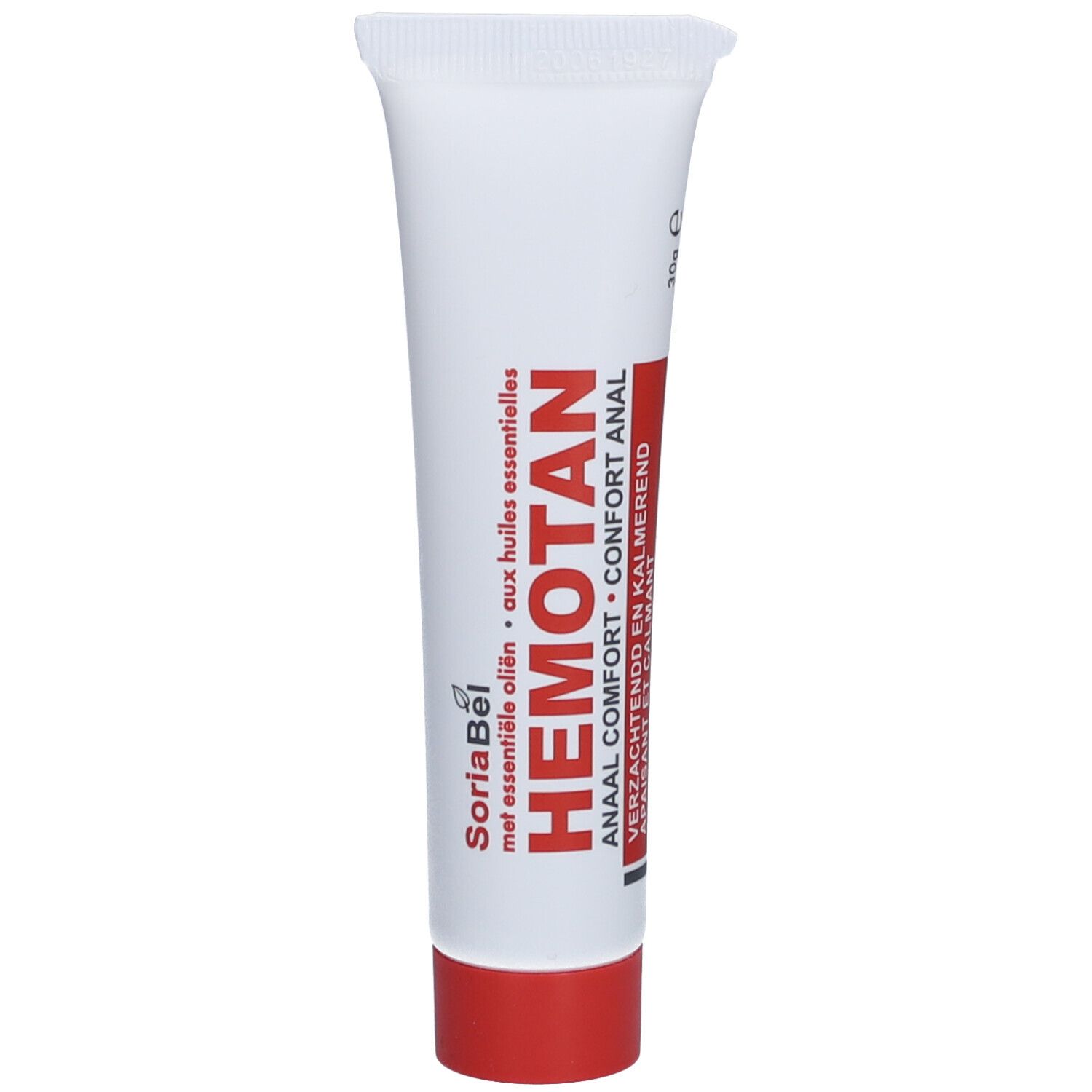 Weiße Tube mit roter Kappe. Aufschrift: Hemotan, Anal Comfort. Marke SoriaBel.