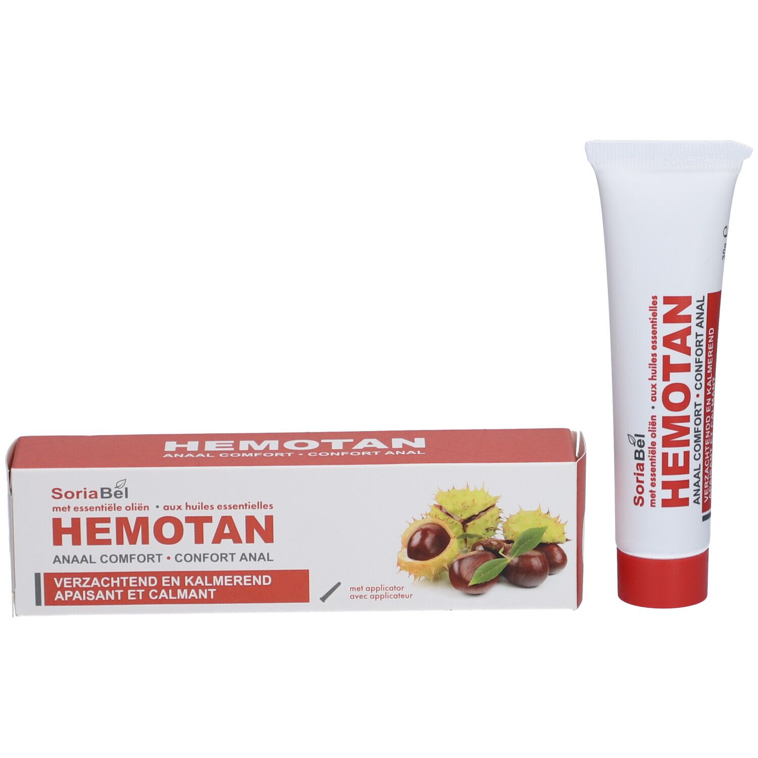 Produktverpackung und Tube. Verpackung: Hemotan, Anal Comfort. Kastanien-Illustration.