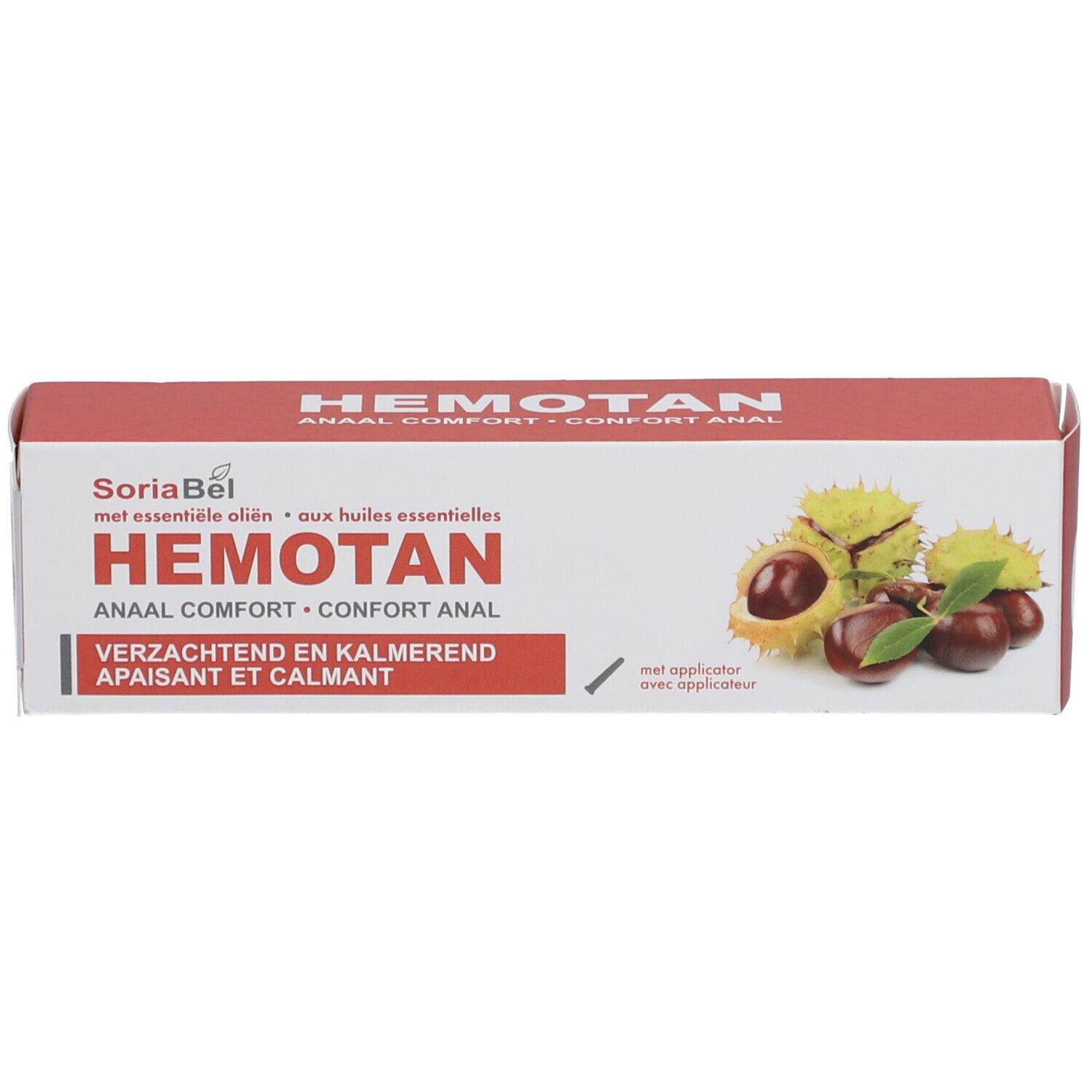 Produktverpackung. Aufschrift: Hemotan, Anal Comfort. Kastanien-Illustration.