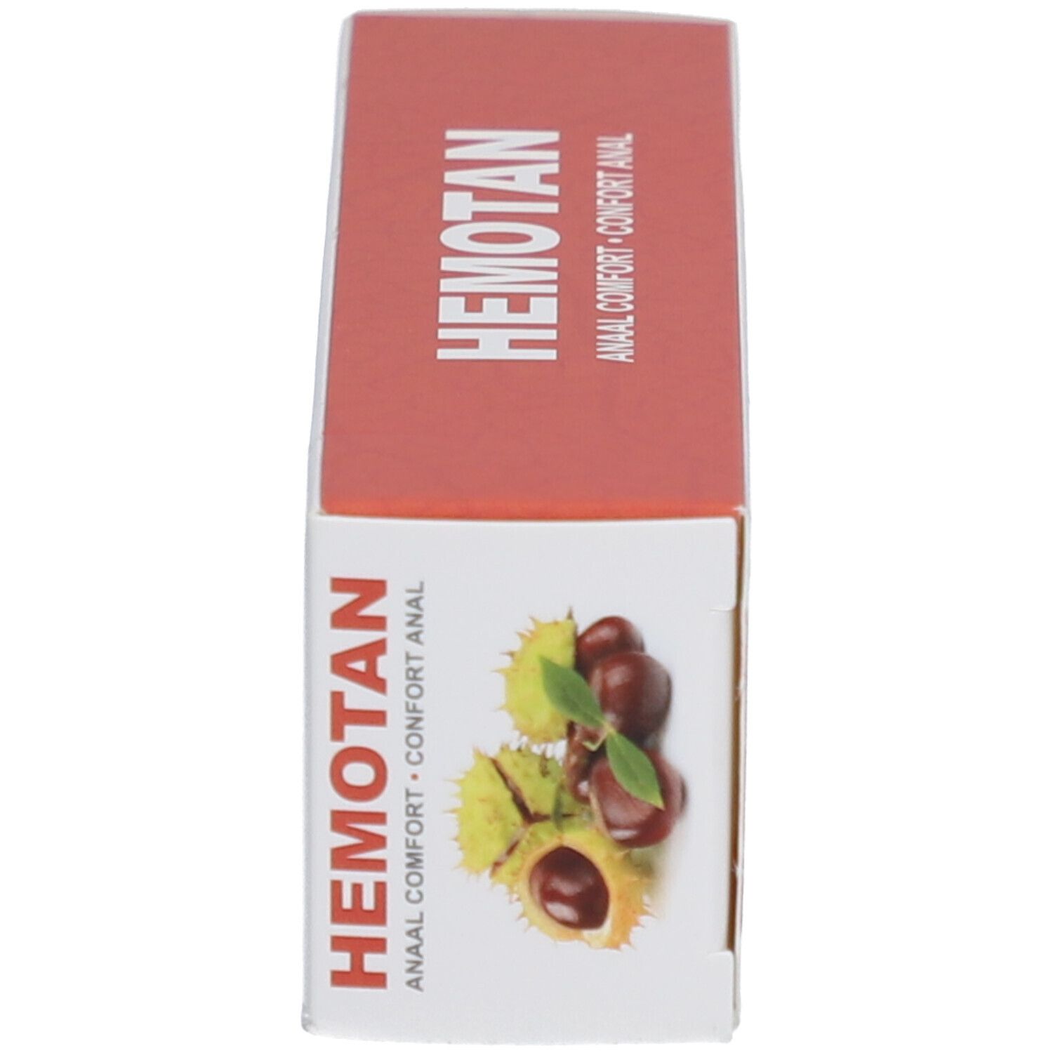 Produktverpackung. Aufschrift: Hemotan, Anal Comfort. Kastanien-Illustration.