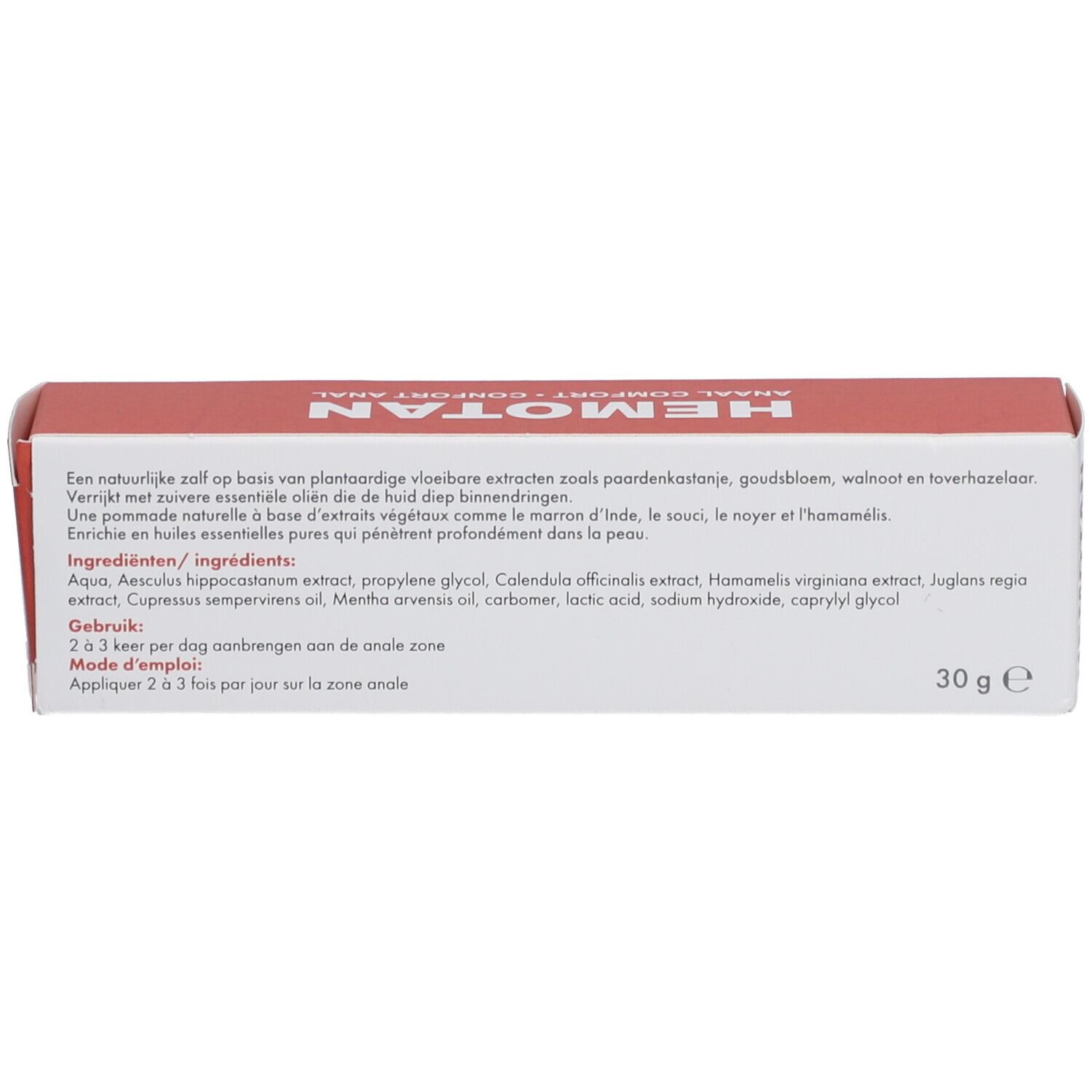 Produktverpackung. Text: Inhaltsstoffe, Gebrauchsanweisung. 30 g.