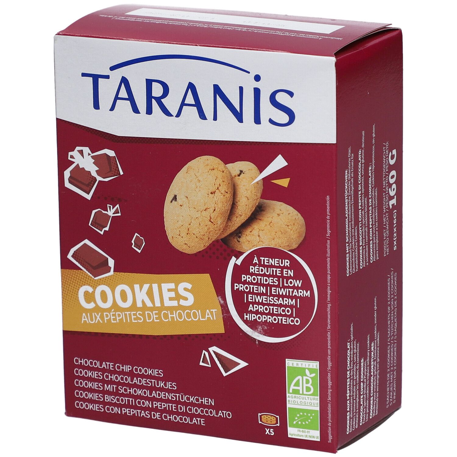 Verpackung mit Keksen. Aufschrift: Taranis Cookies aux Pépites de Chocolat Bio. Mit Bio-Siegel.