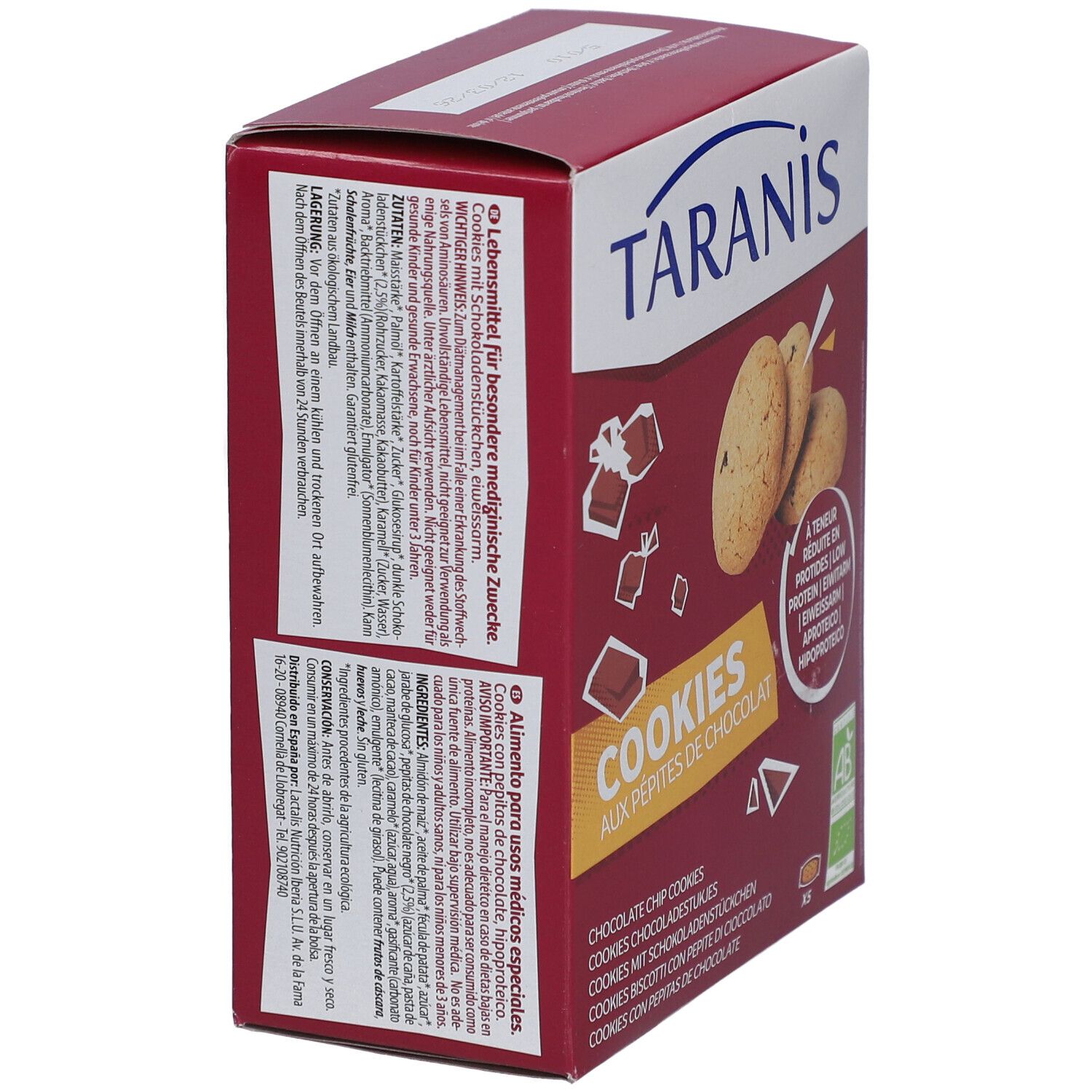 Verpackung von Taranis Cookies. Rückseite mit Text. Enthält Informationen zu Inhaltsstoffen und Nährwerten.