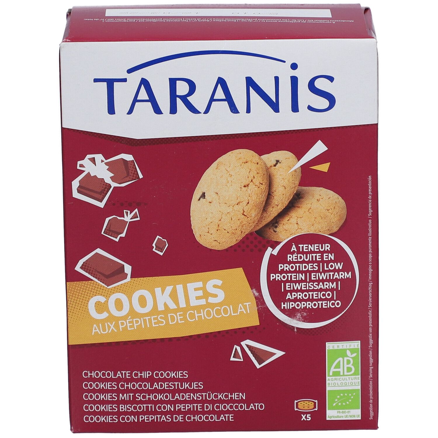 Verpackung von Taranis Cookies aux Pépites de Chocolat Bio. Mit Bio-Siegel und Text.