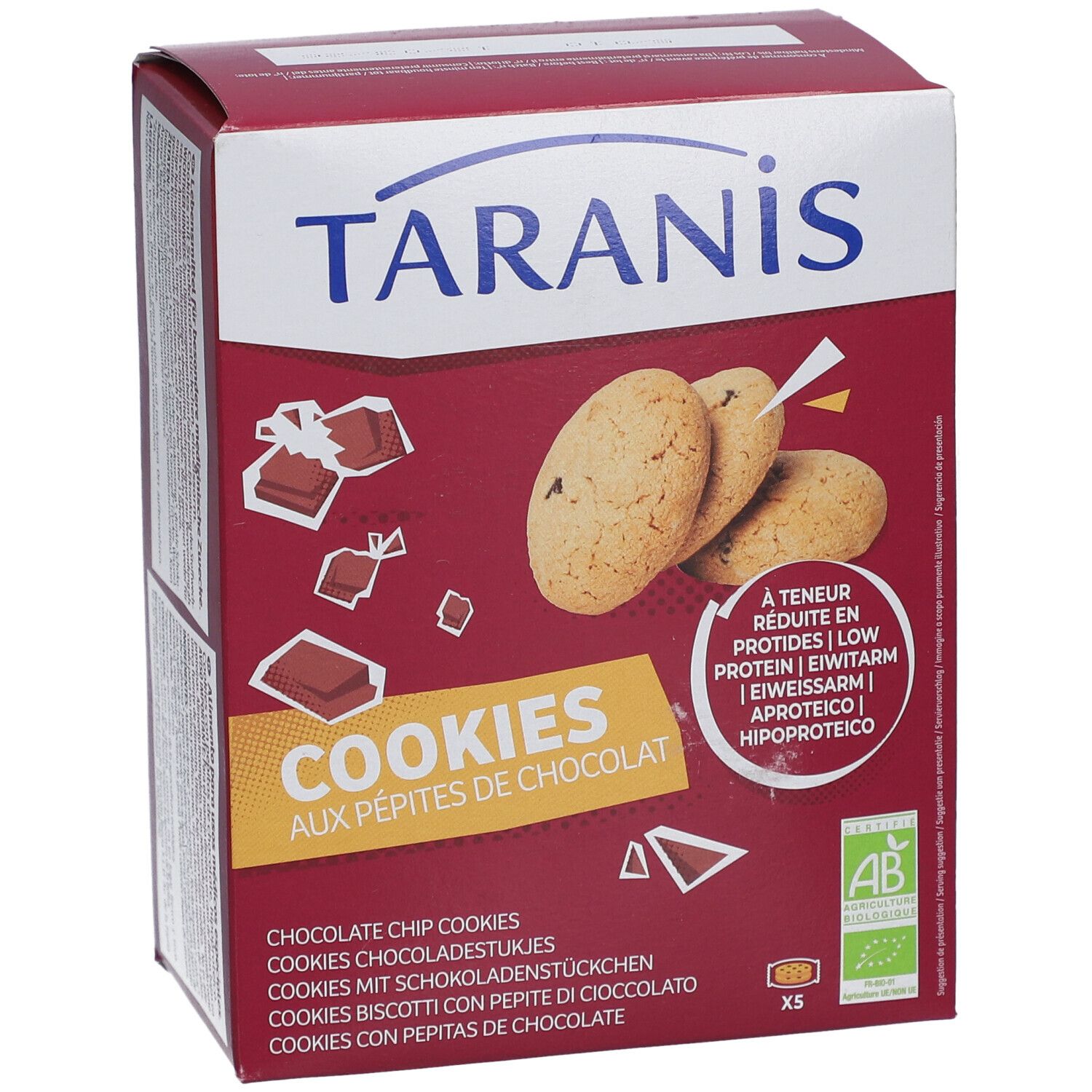 Verpackung von Taranis Cookies aux Pépites de Chocolat Bio. Mit Bio-Siegel und Text.