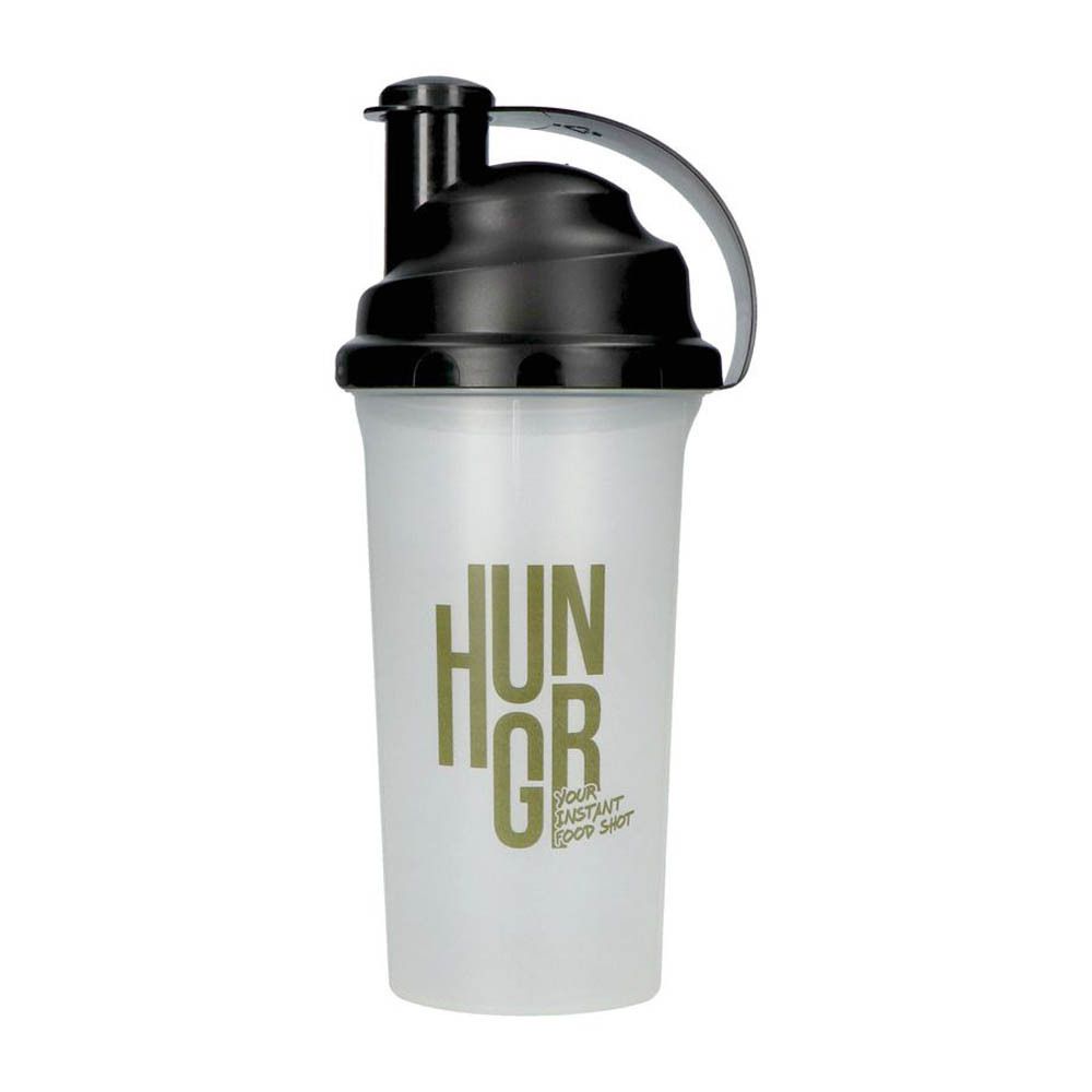 Shaker blanc avec couvercle noir. Inscription : HUNGR. Sous-titre : YOUR INSTANT FOOD SHOT.