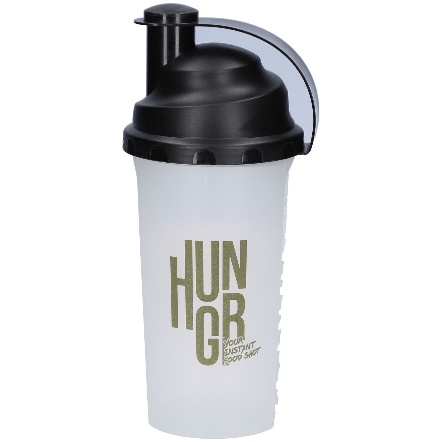 Shaker mit schwarzem Deckel und Griff. Aufschrift: HUNGR. Untertitel: YOUR INSTANT FOOD SHOT.