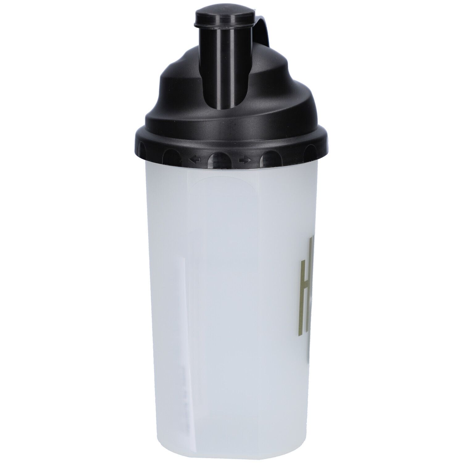 Weißer Shaker mit schwarzem Deckel. Aufschrift: HUNGR. Vertikale Ansicht.