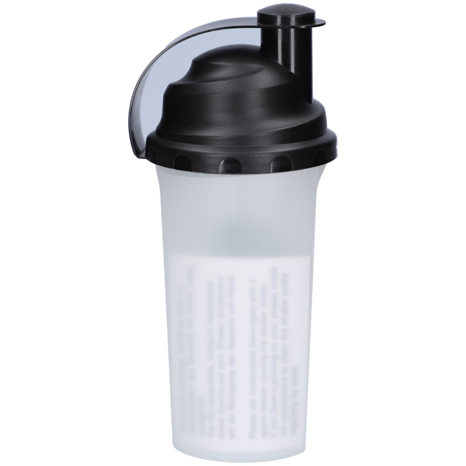 Weißer Shaker mit schwarzem Deckel. Text auf dem Becher. Vertikale Ansicht.