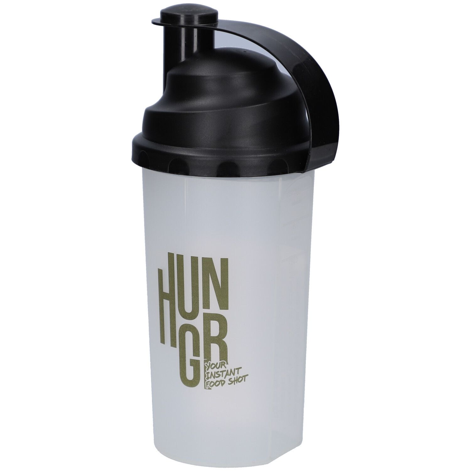 Weißer Shaker mit schwarzem Deckel. Aufschrift: HUNGR. Untertitel: YOUR INSTANT FOOD SHOT.
