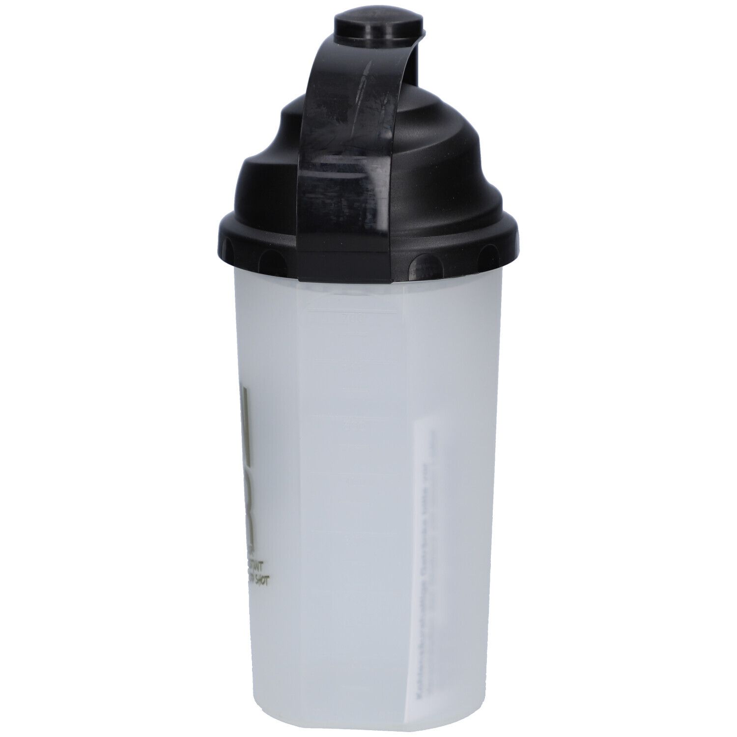 Weißer Shaker mit schwarzem Deckel. Aufschrift: HUNGR. Vertikale Ansicht.