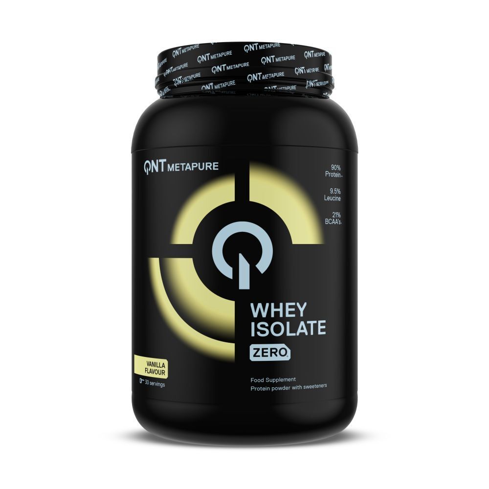 Schwarzer Behälter mit QNT Metapure Whey Isolate Zero Vanille. Enthält 90% Protein, 9.5% Leucin, 21% BCAAs.