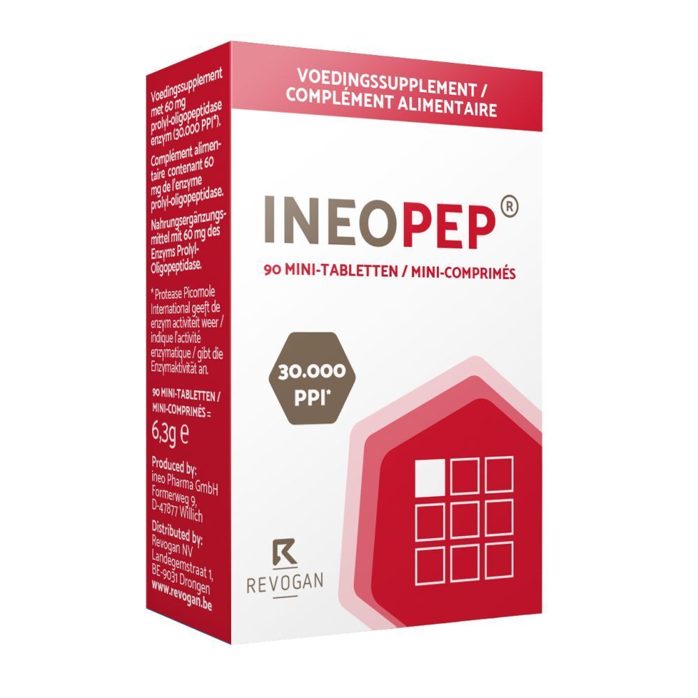 Schachtel mit Ineopep-Tabletten. Rote und weiße Verpackung mit Produktnamen und Informationen.